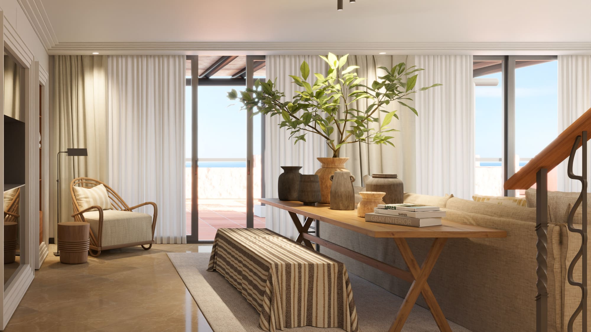 a living room with a couch and a table