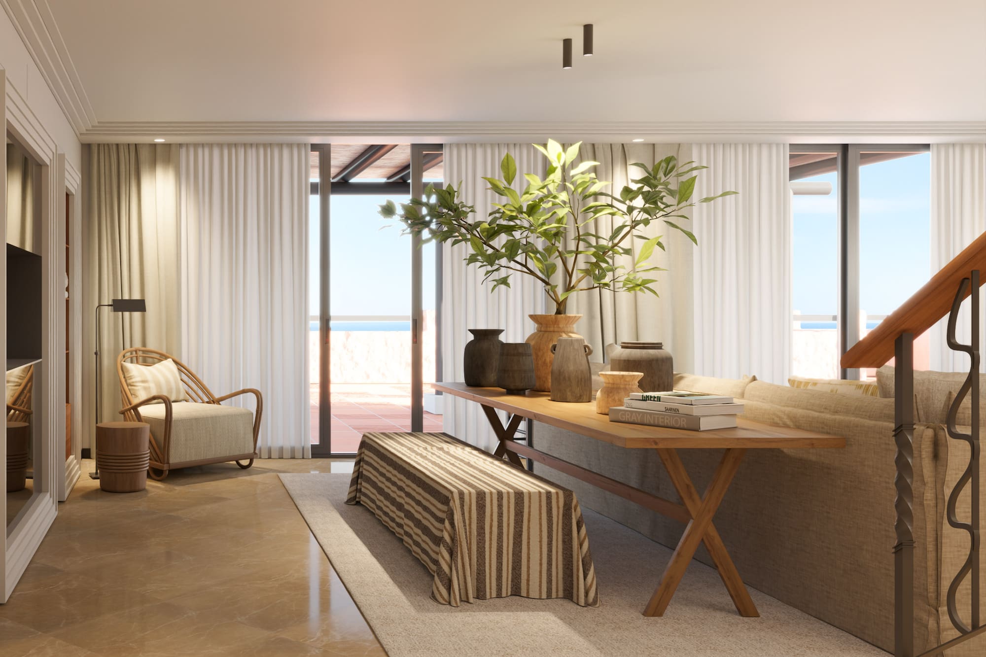 a living room with a couch and a table