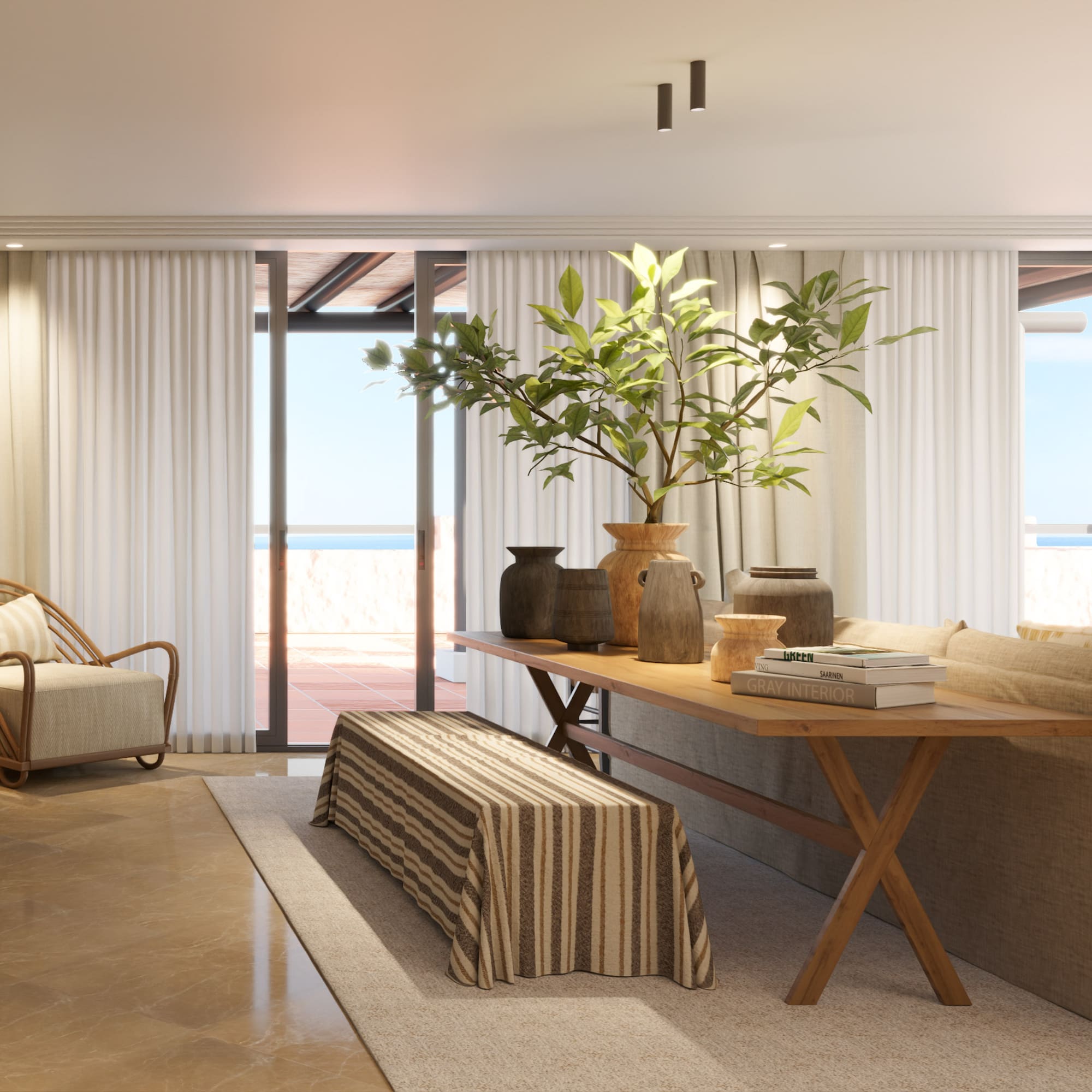 a living room with a couch and a table