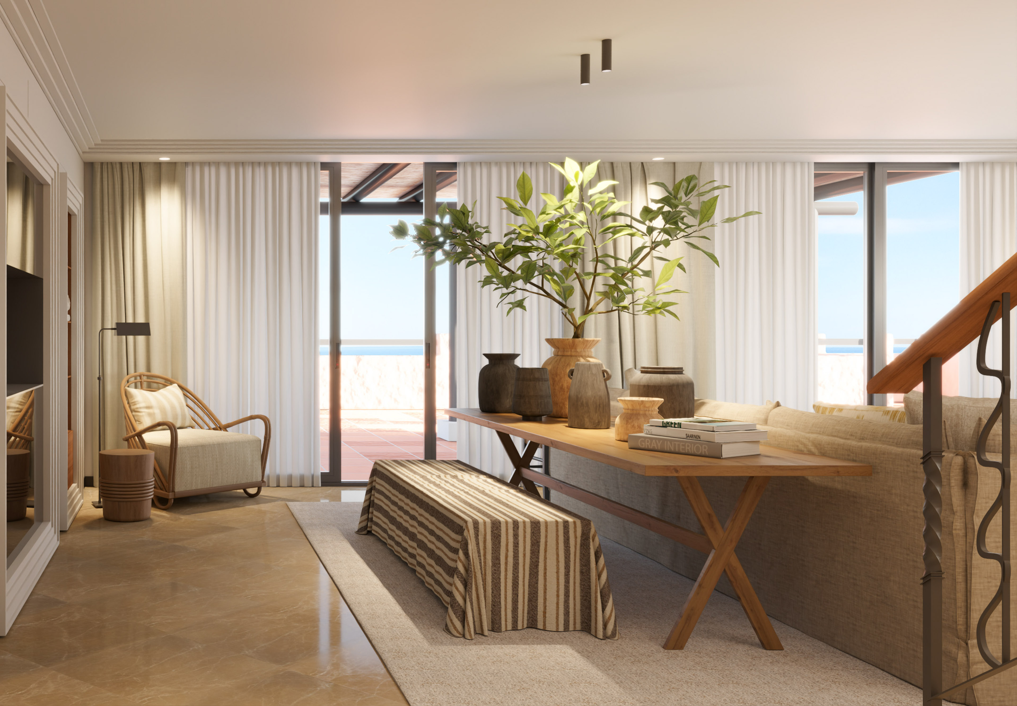 a living room with a couch and a table