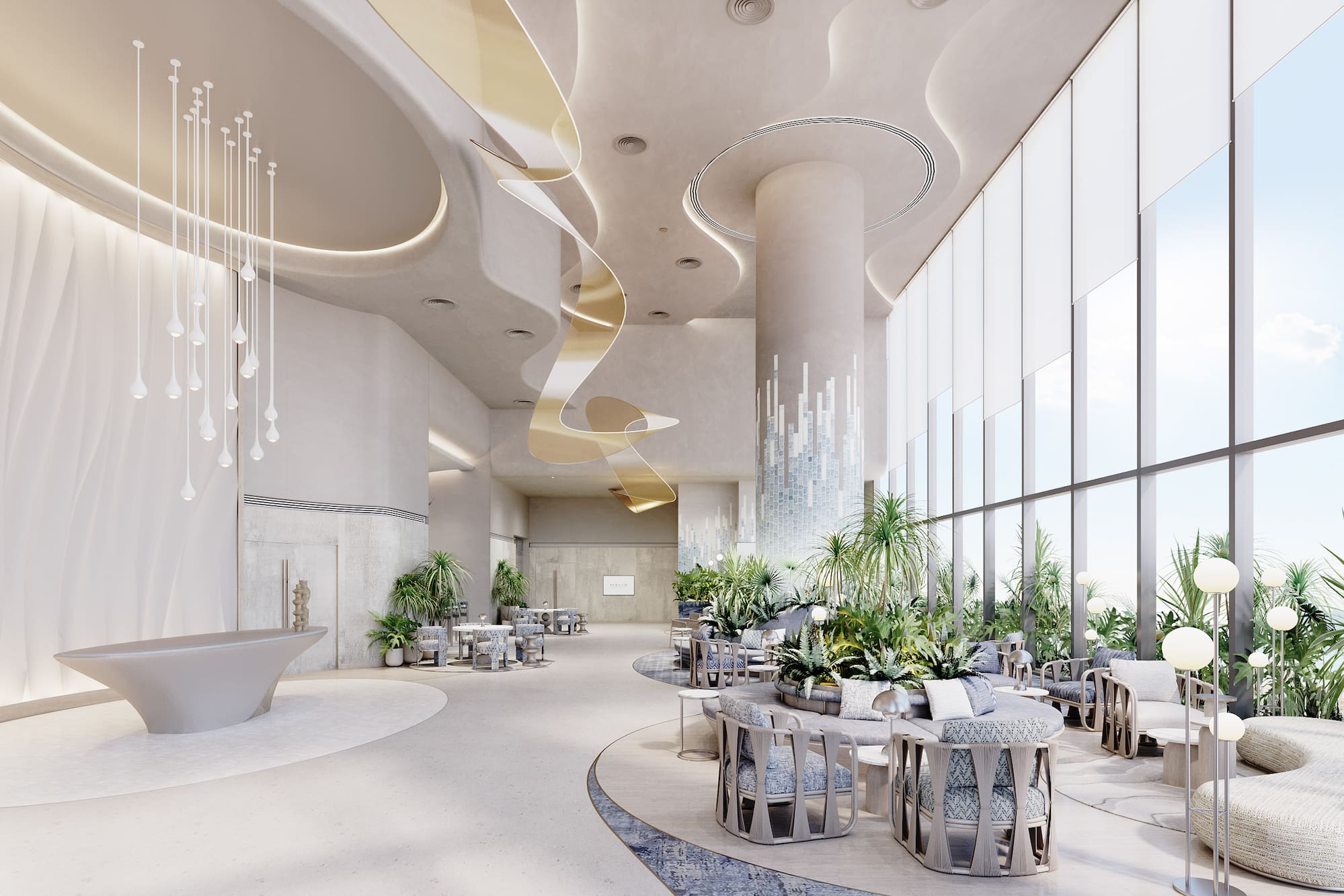 Modern luxury hotel lobby with grand architecture, plants, and large windows.