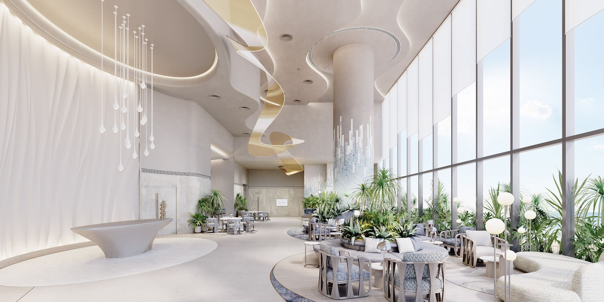 a room with tables and chairs and plants