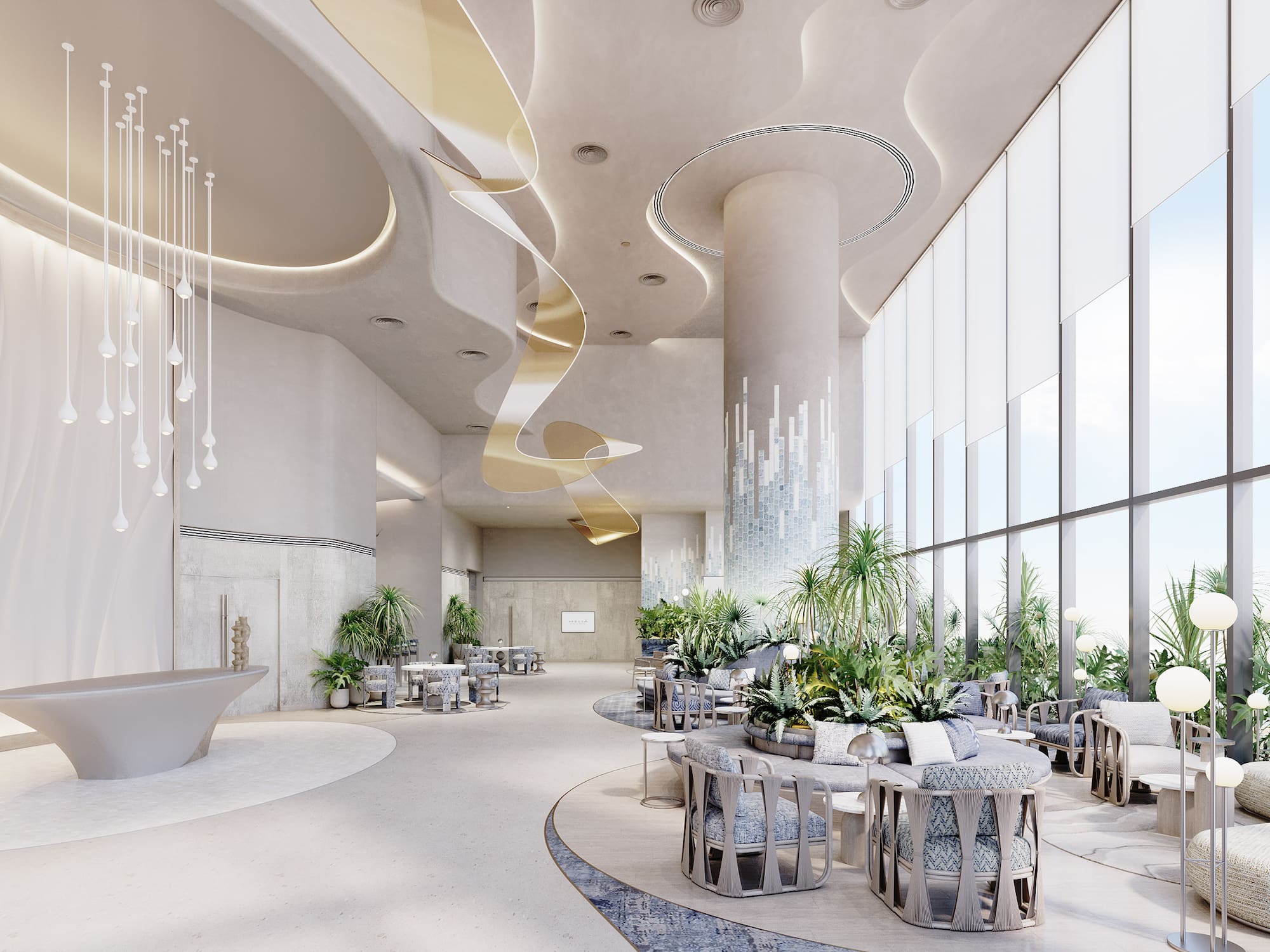 a room with tables and chairs and plants