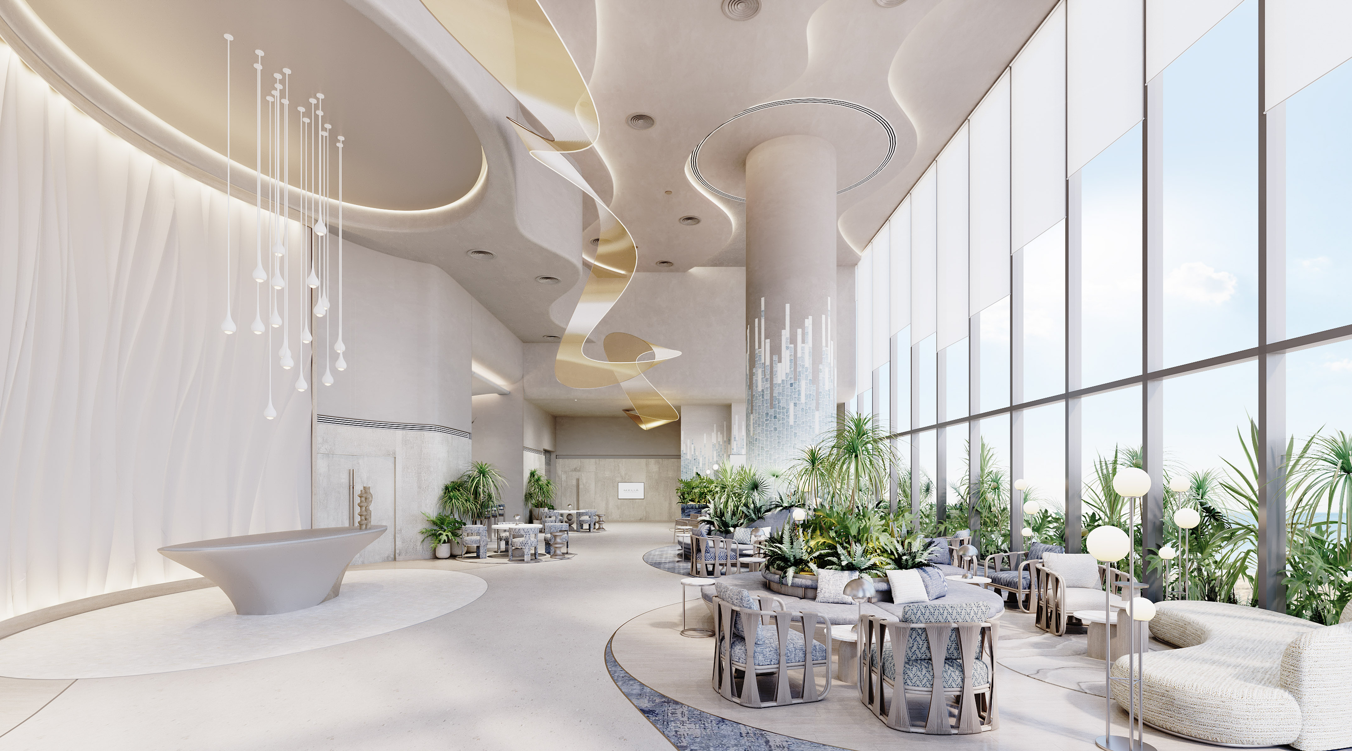 Modern luxury hotel lobby with grand architecture, plants, and large windows.