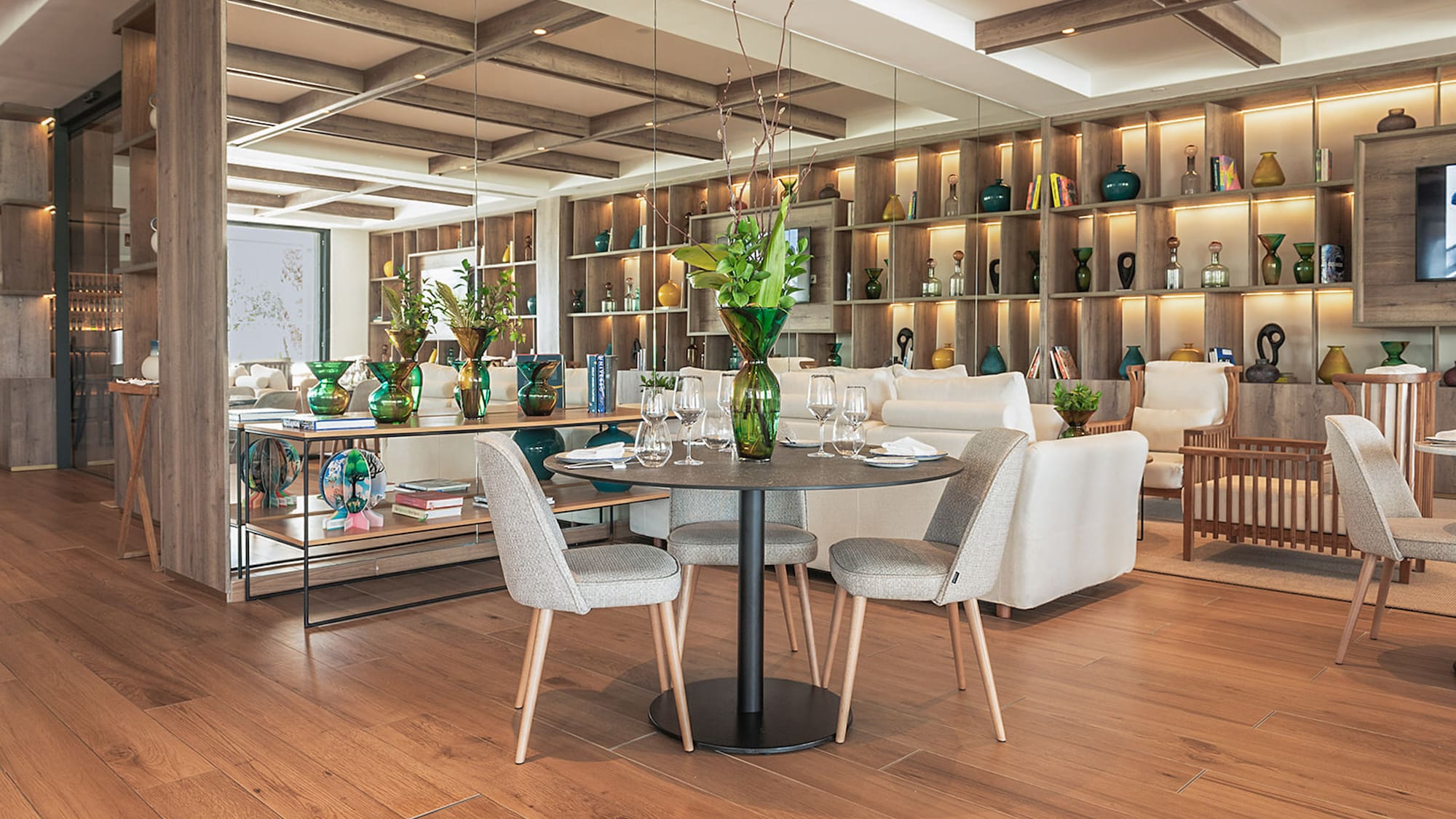 a room with a table and chairs