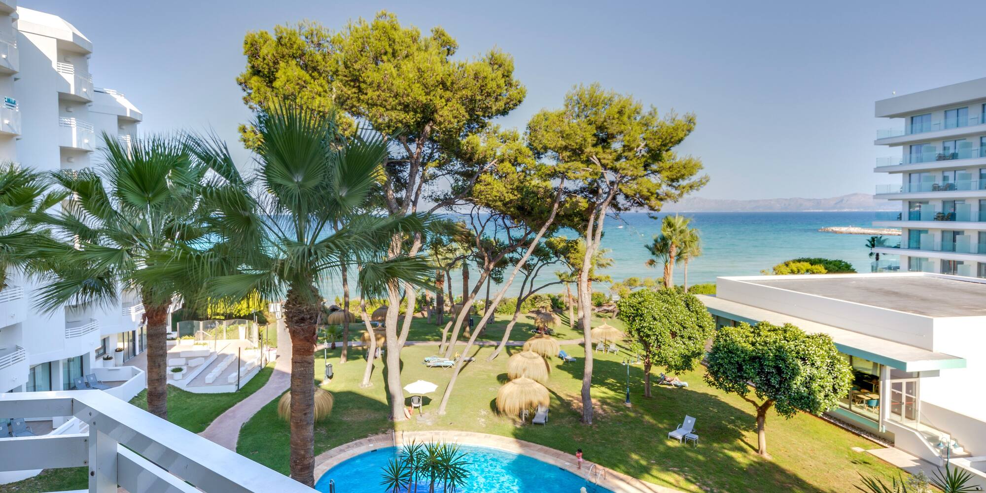 a pool and trees by a building