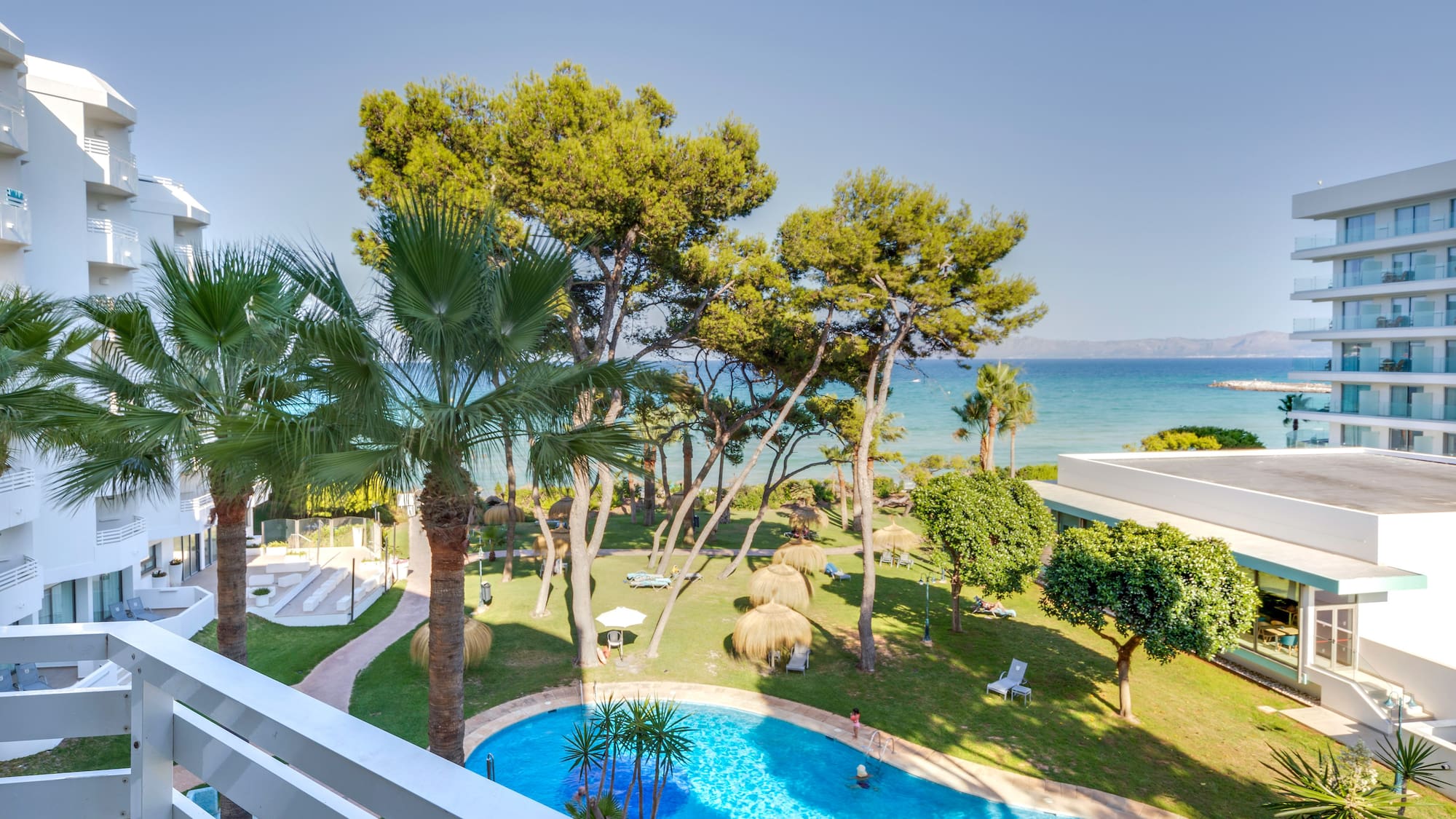 a pool and trees by a building