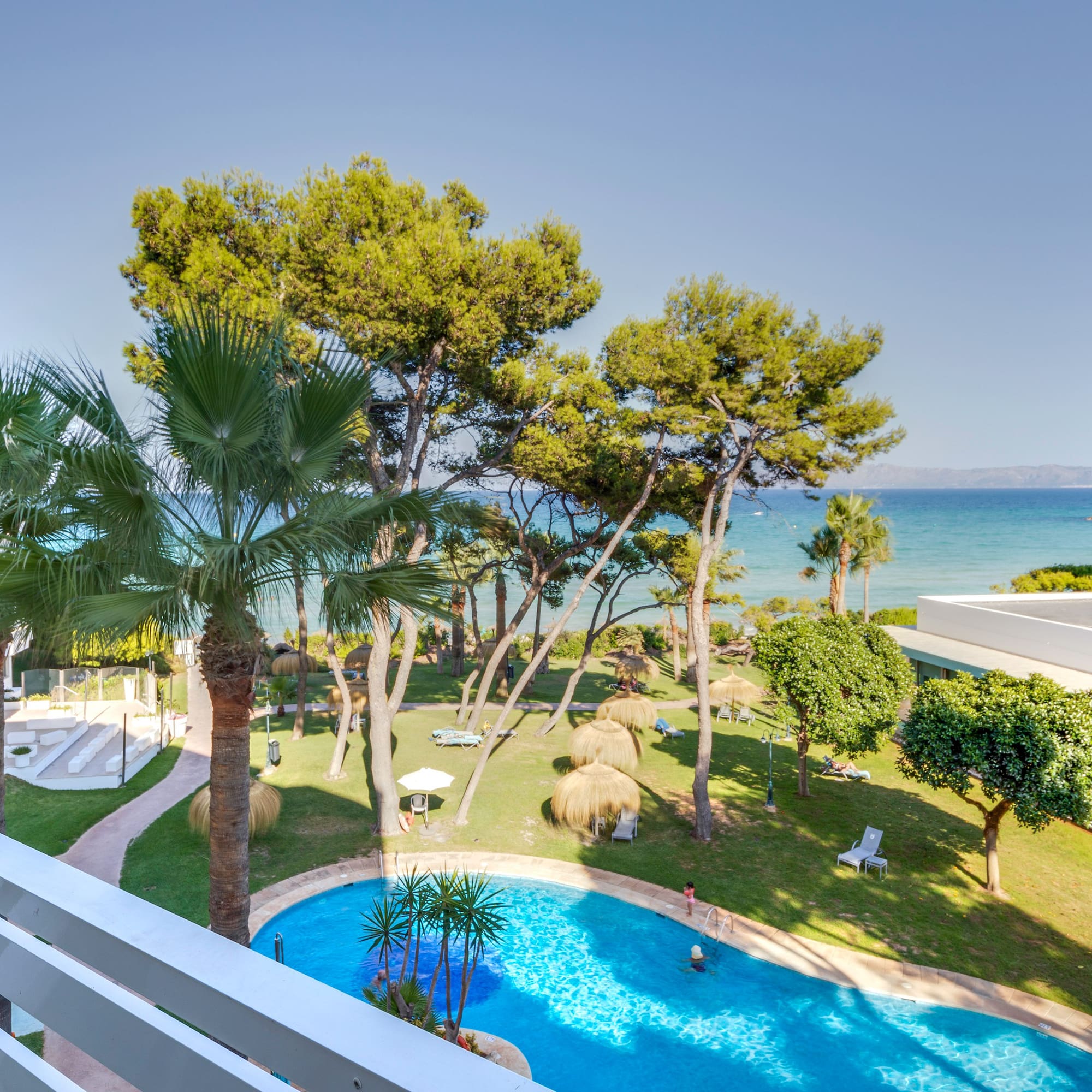 a pool and trees by a building