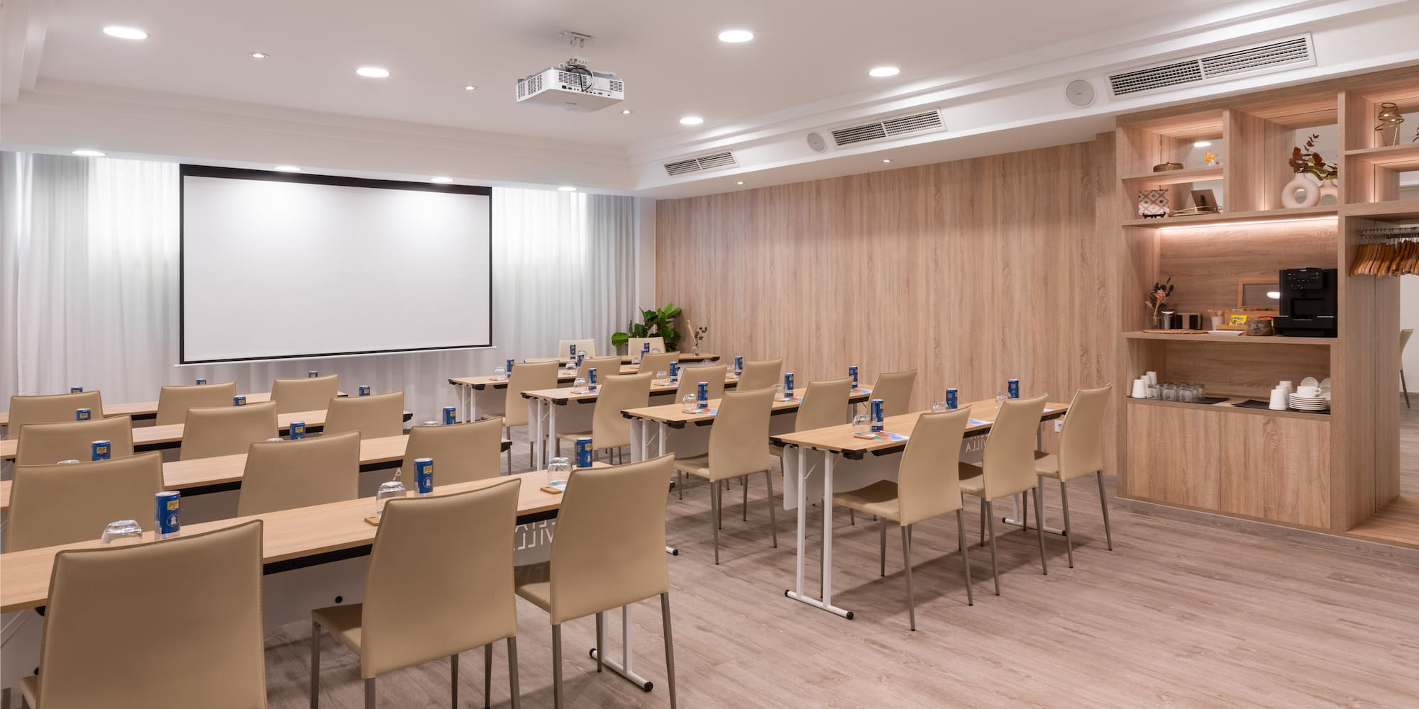 a room with tables and chairs