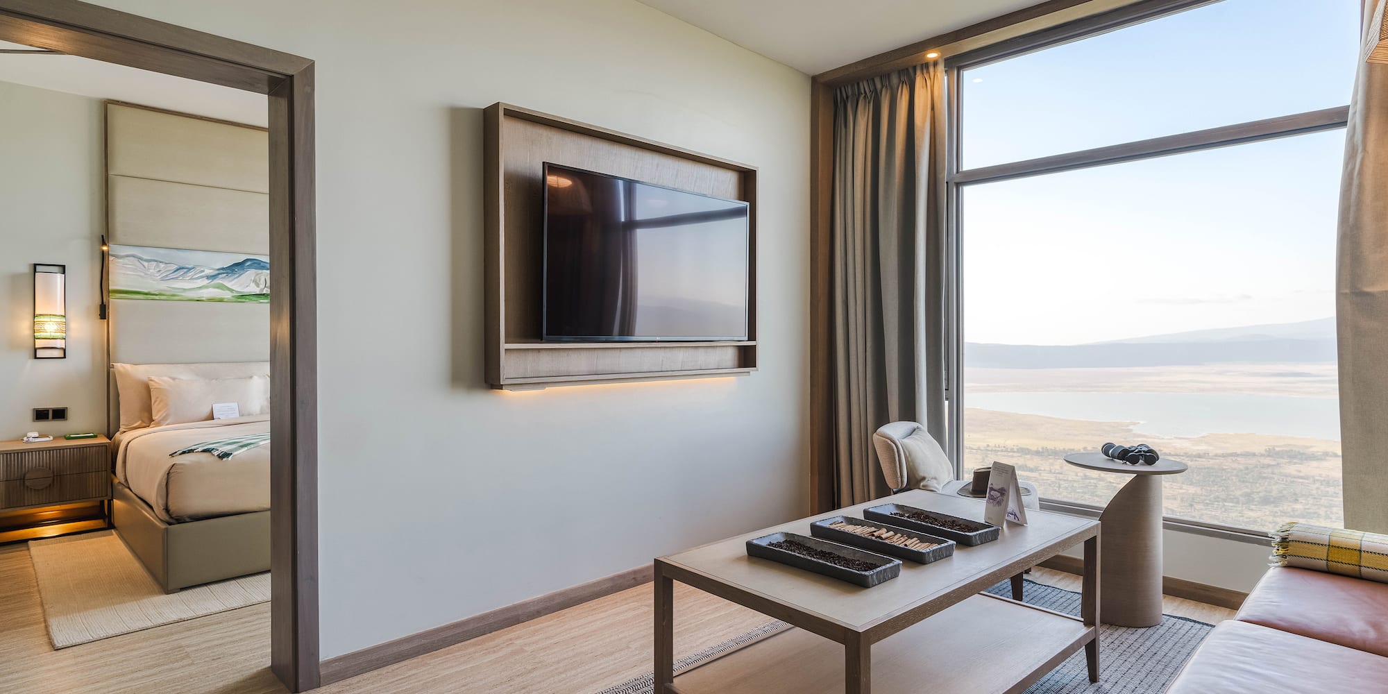 a room with a television and a table