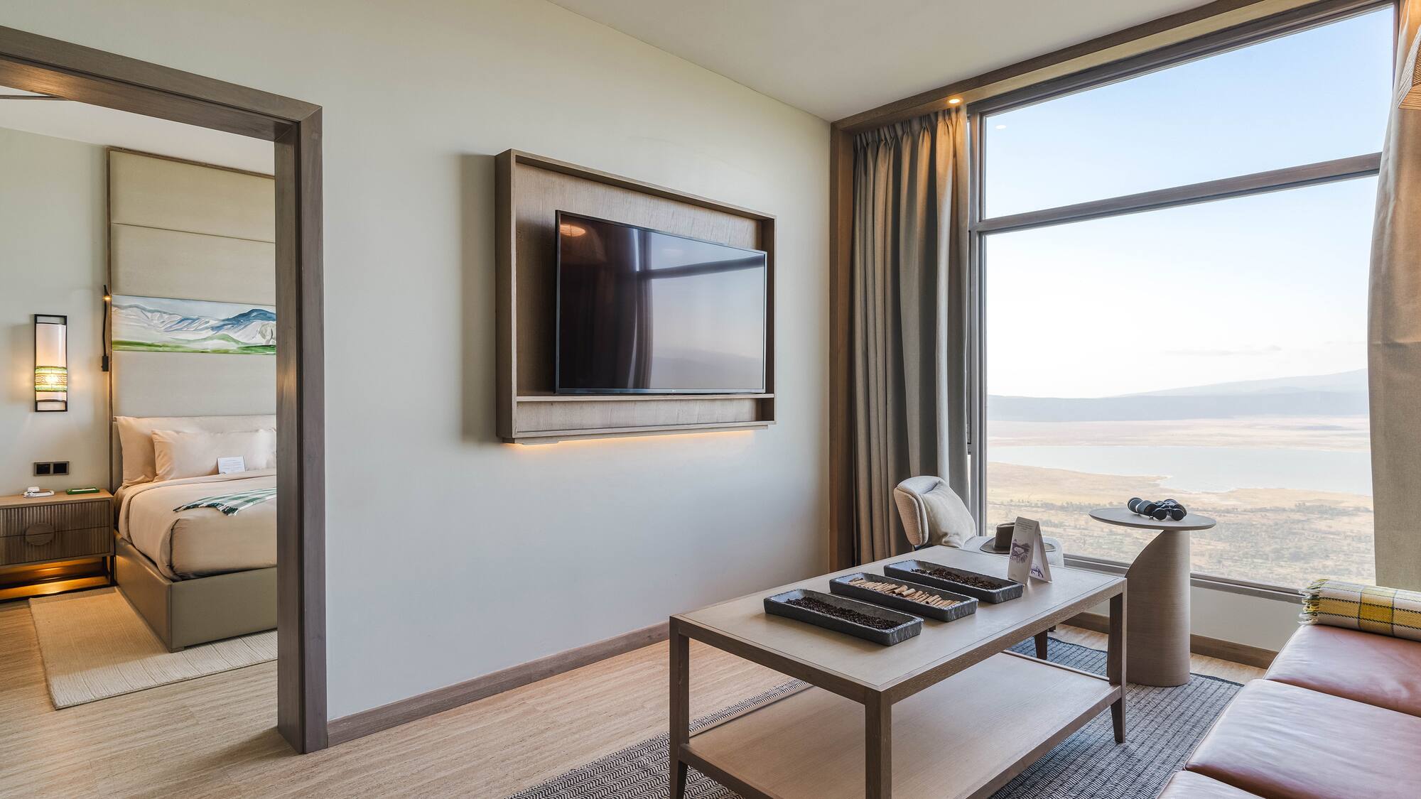 a room with a television and a table