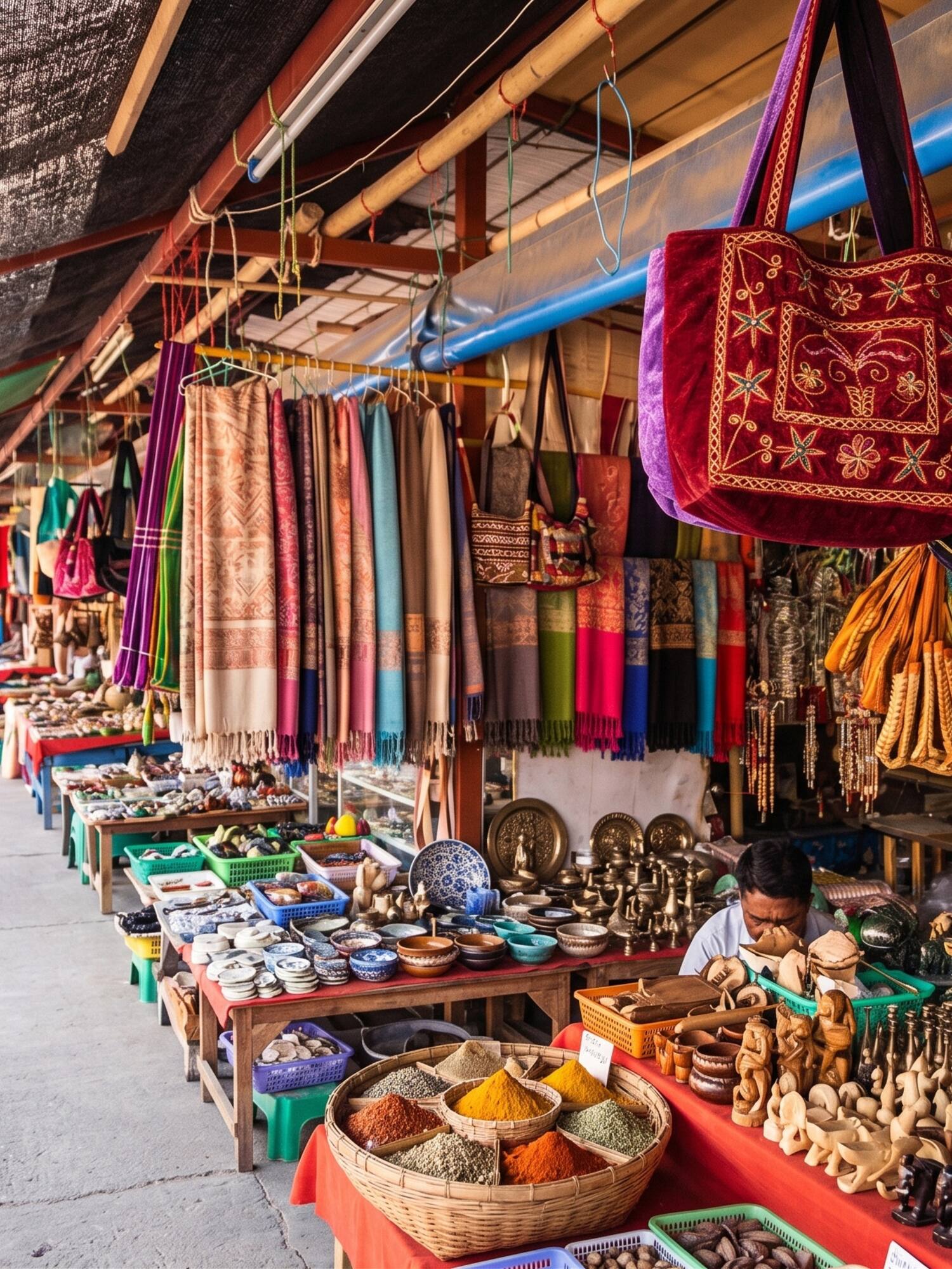 Bustling market stalls with colorful textiles, spices, crafts, and souvenirs.