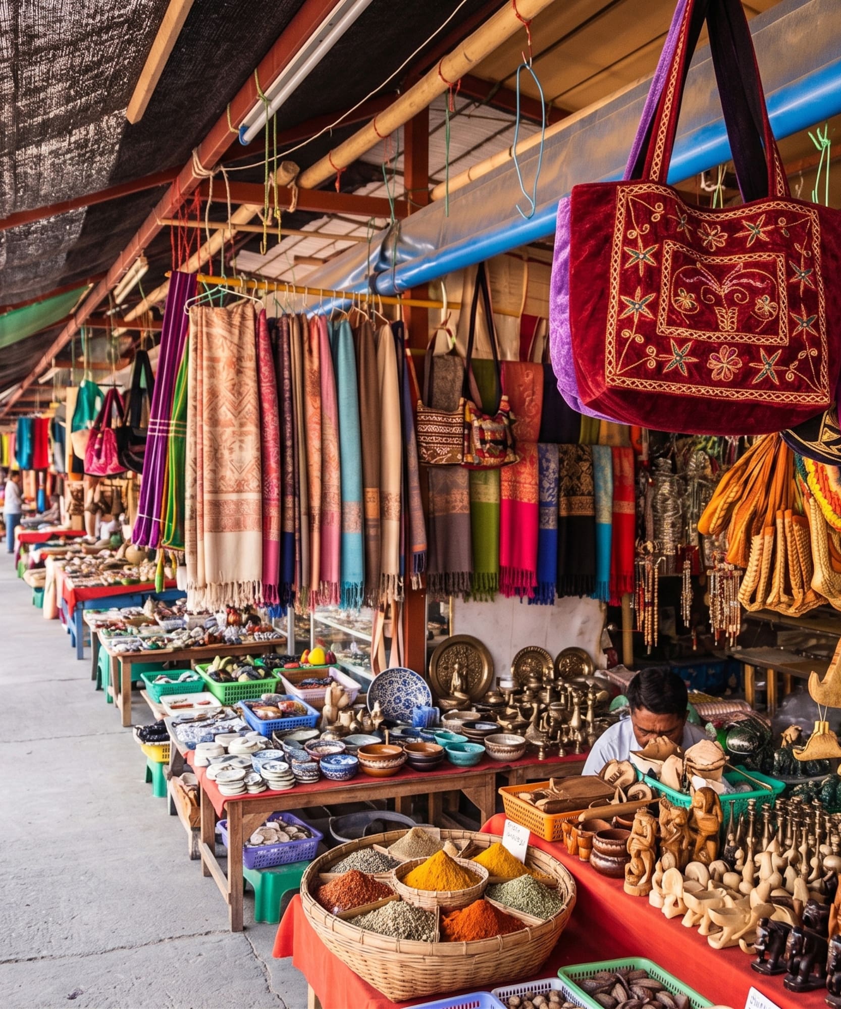 Bustling market stalls with colorful textiles, spices, crafts, and souvenirs.