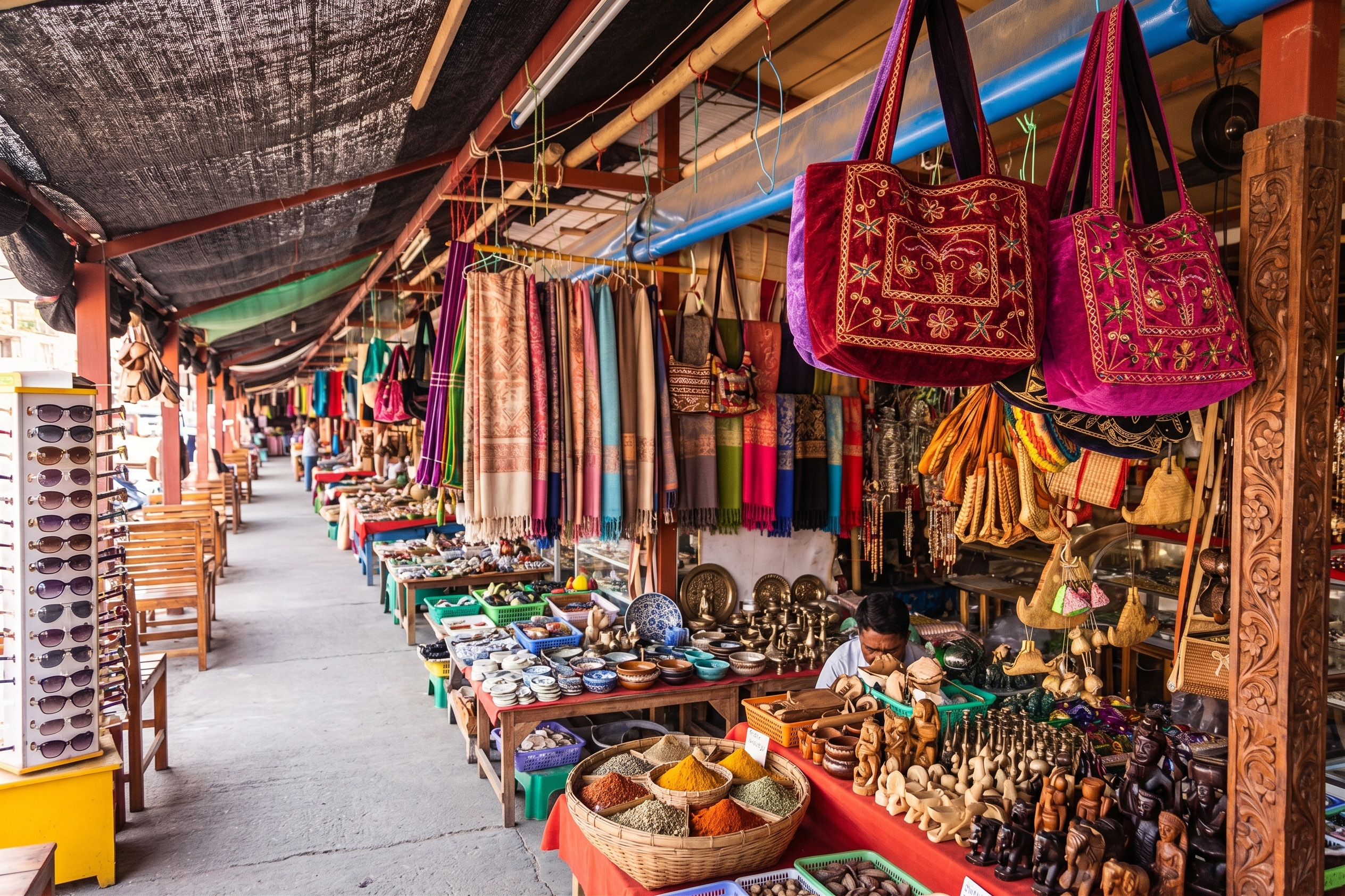 Bustling market stalls with colorful textiles, spices, crafts, and souvenirs.