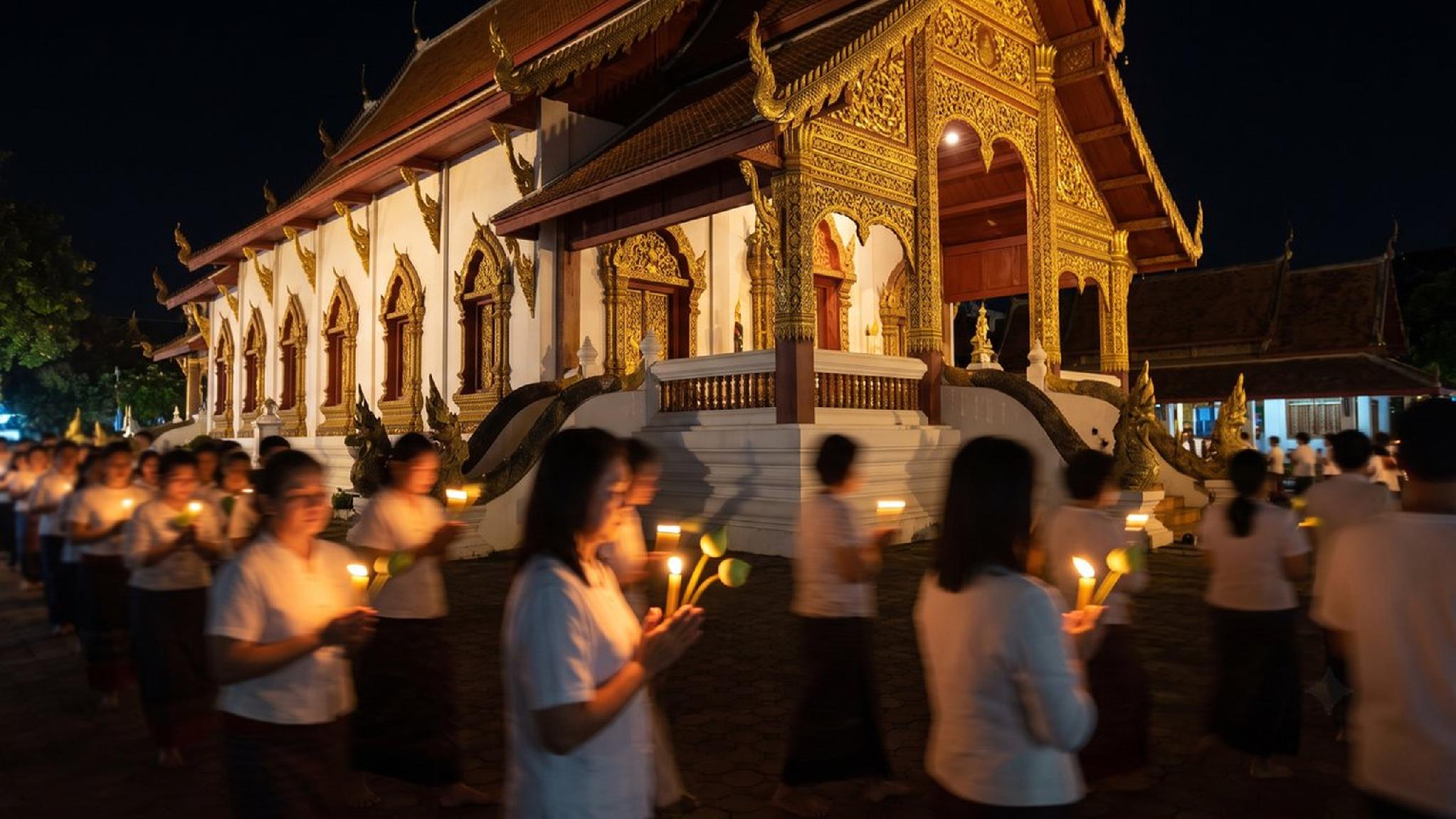 Thai temple night ceremony with people holding candles and lotus flowers.