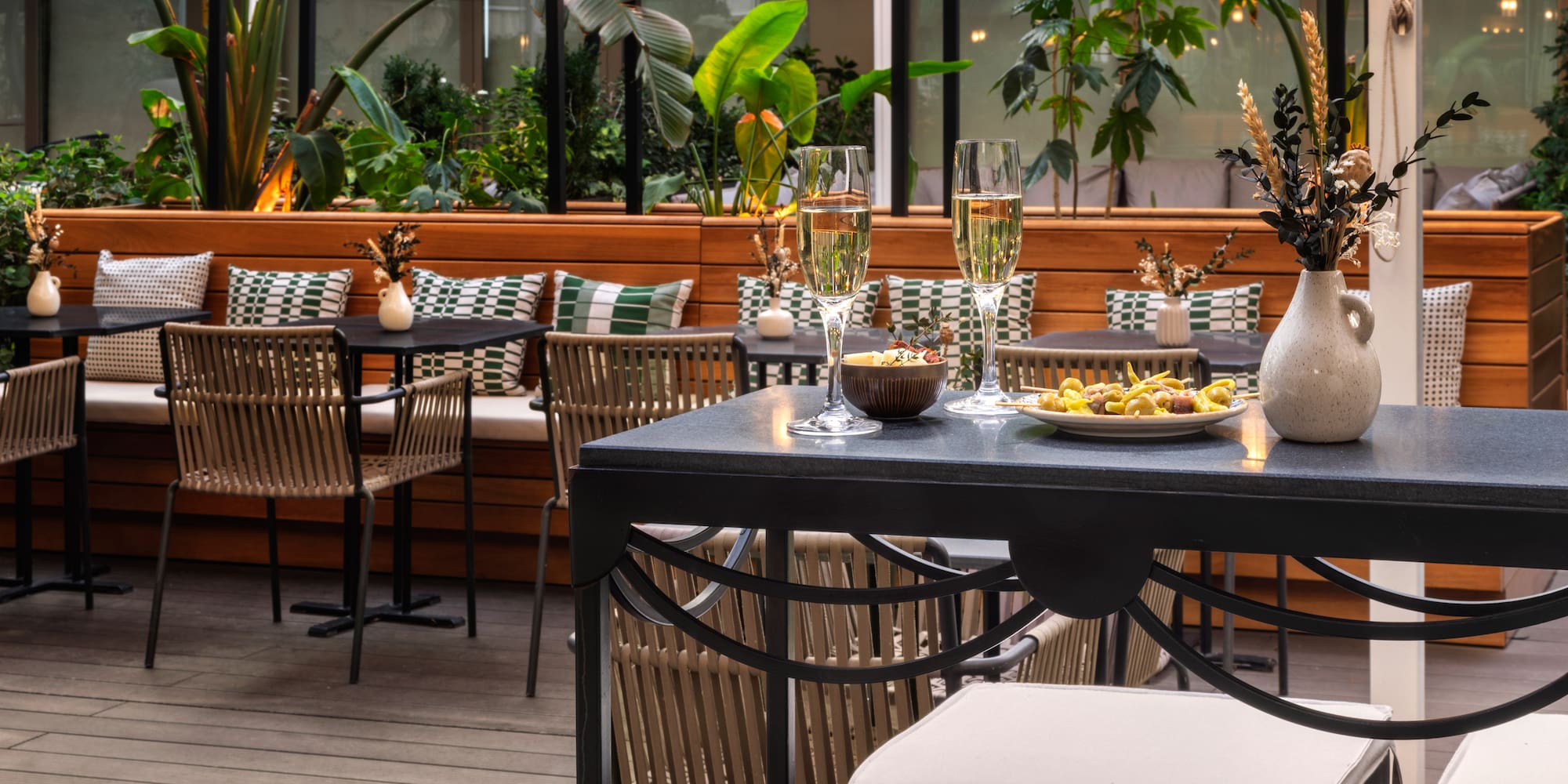 a table with food and glasses on it