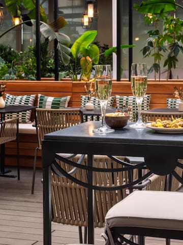 a table with food and glasses on it