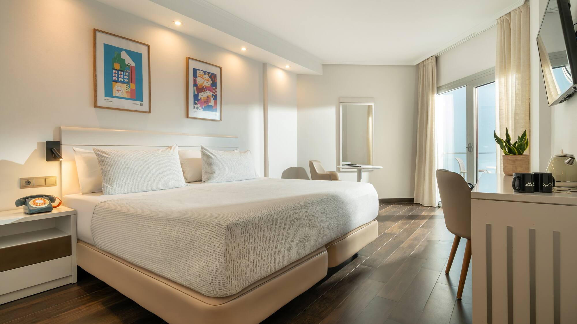 a room with a bed and a table