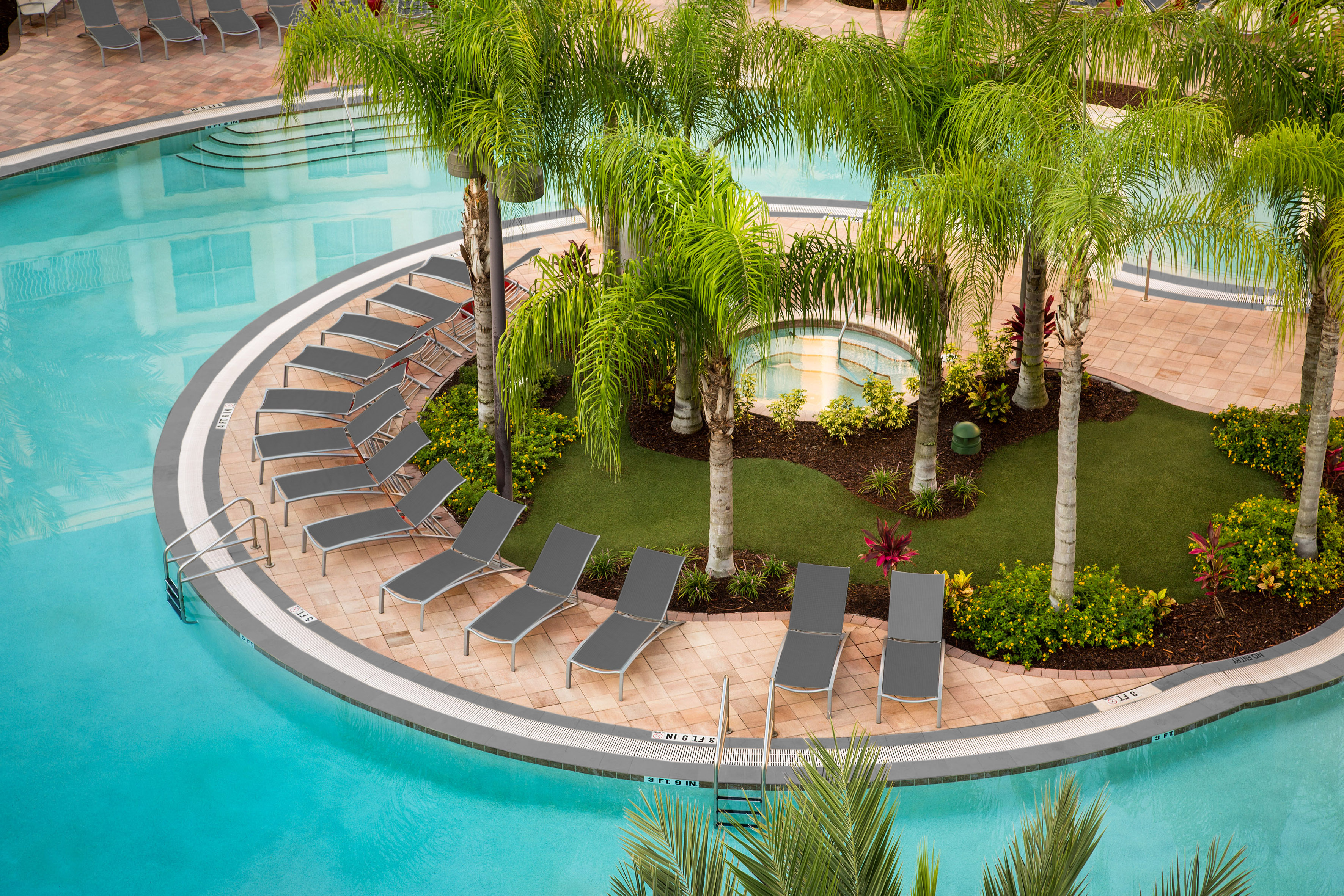 a pool with lounge chairs and palm trees