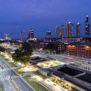 a city with many buildings and a street