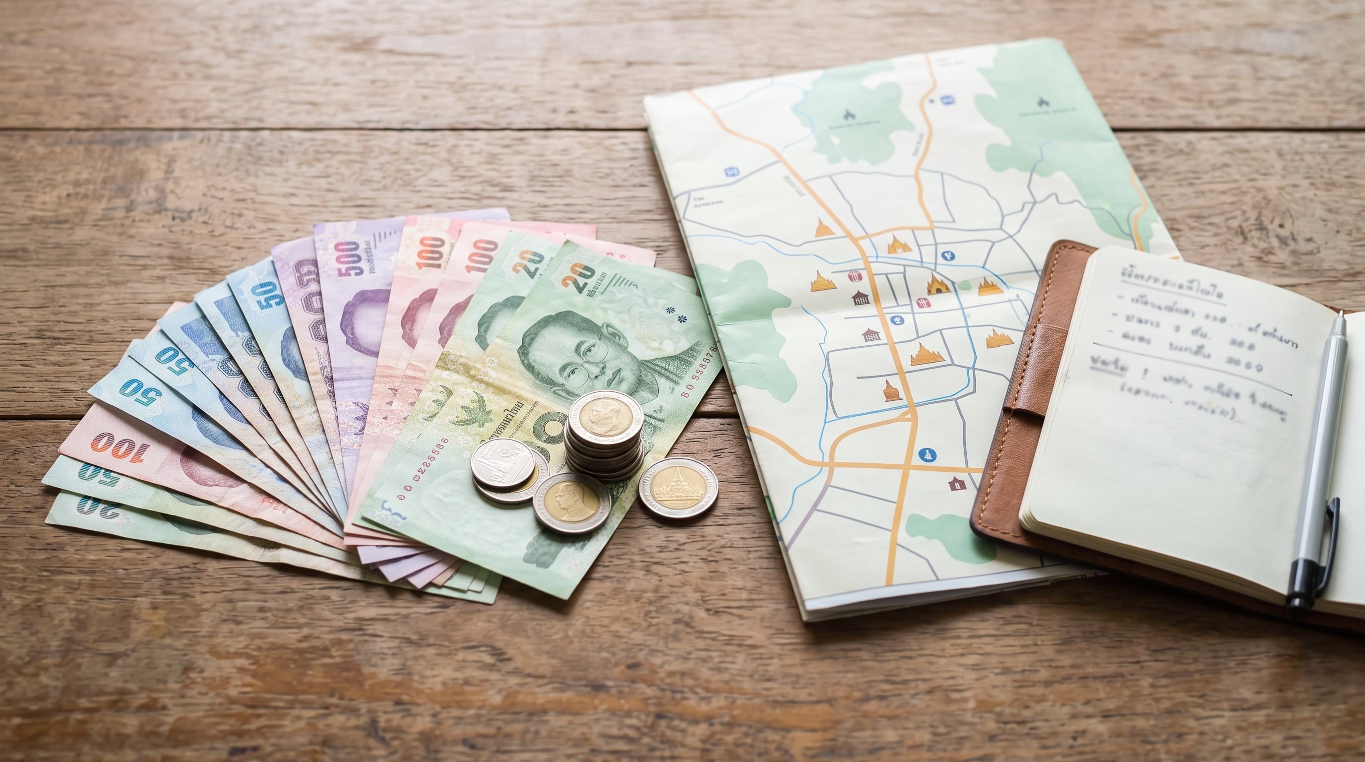 Thai Baht cash, coins, travel map, and notebook on wood. Trip planning.