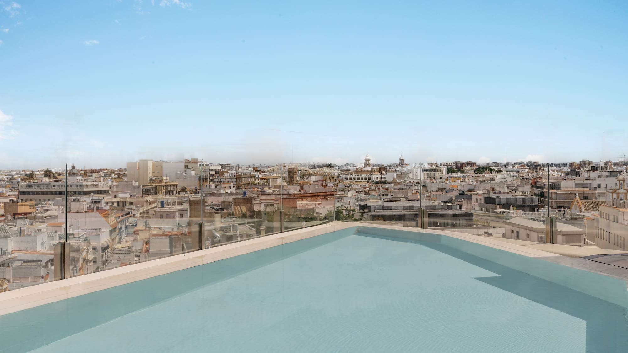Rooftop pool with city skyline view under a clear blue sky.