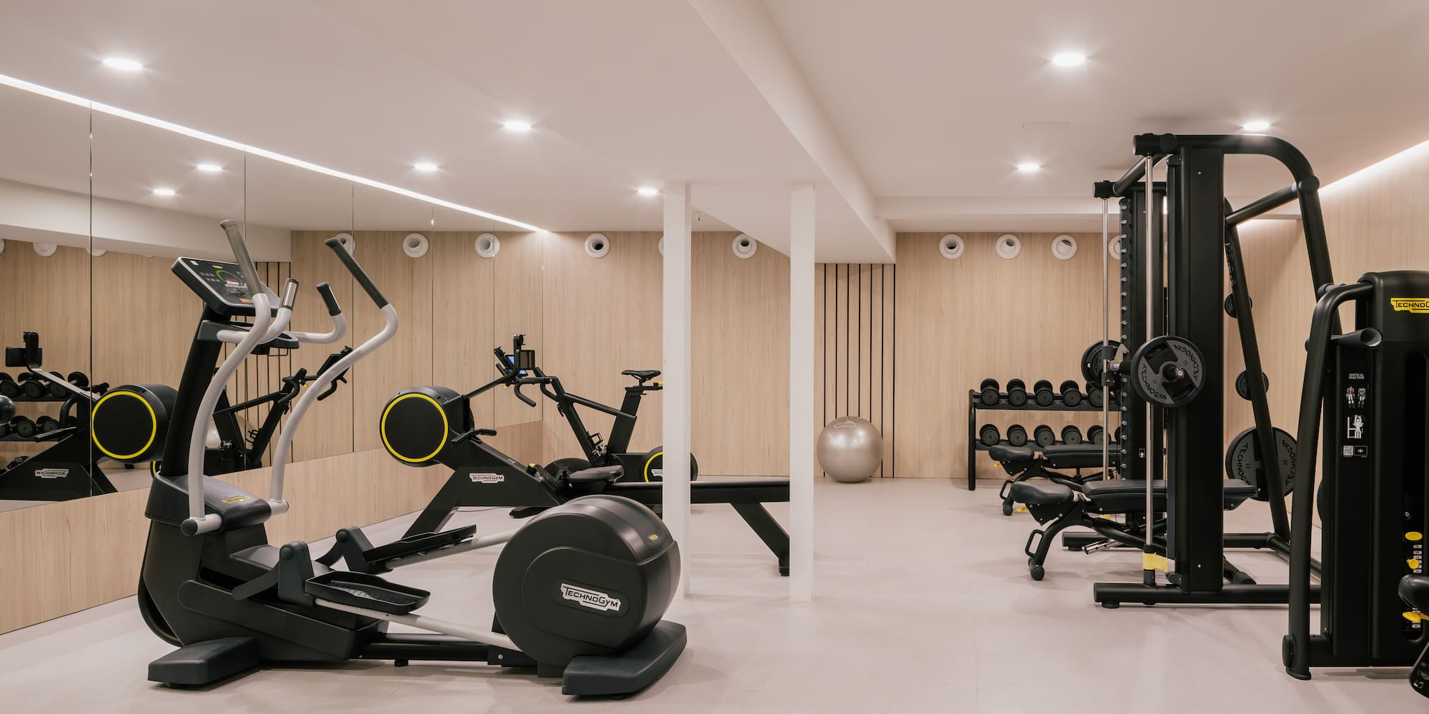Bright, modern gym with cardio machines, free weights, and strength equipment.