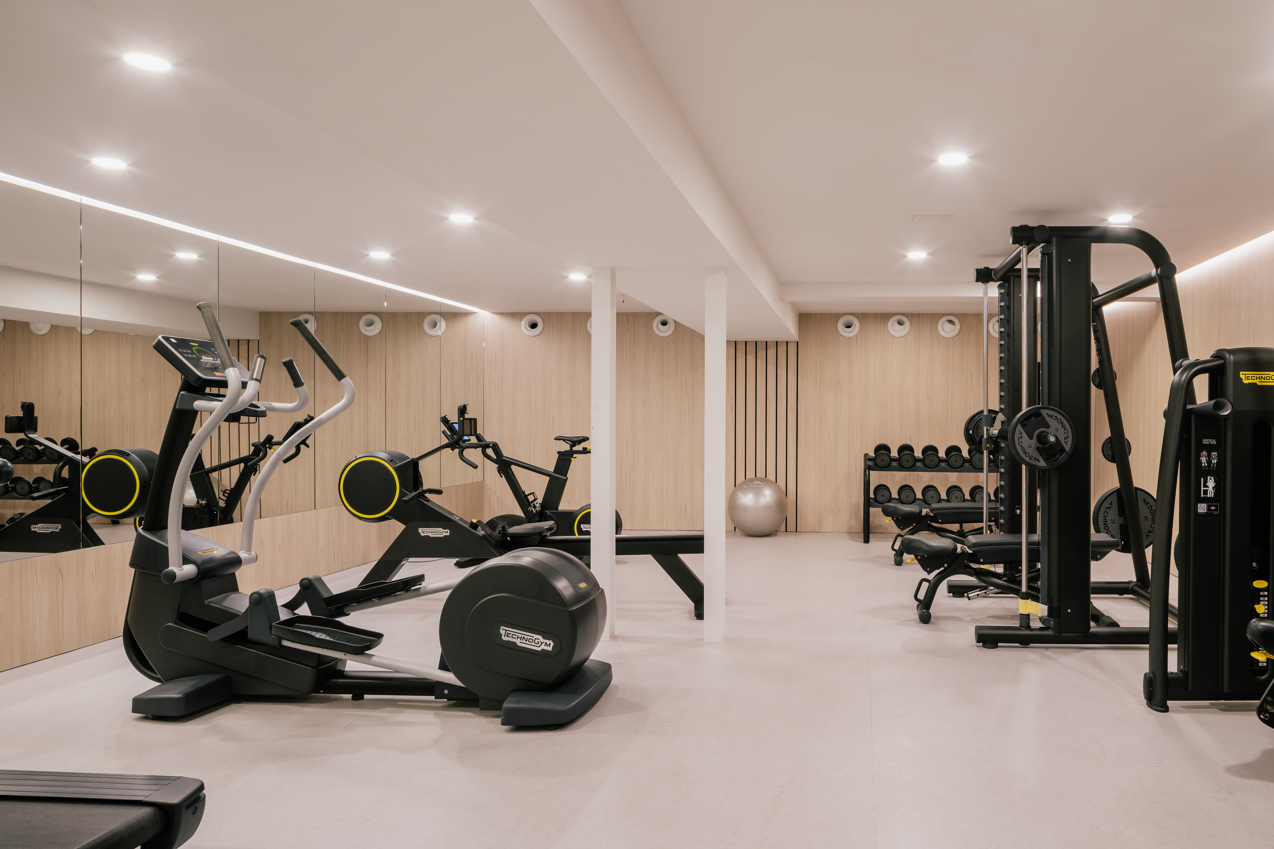 Bright, modern gym with cardio machines, free weights, and strength equipment.