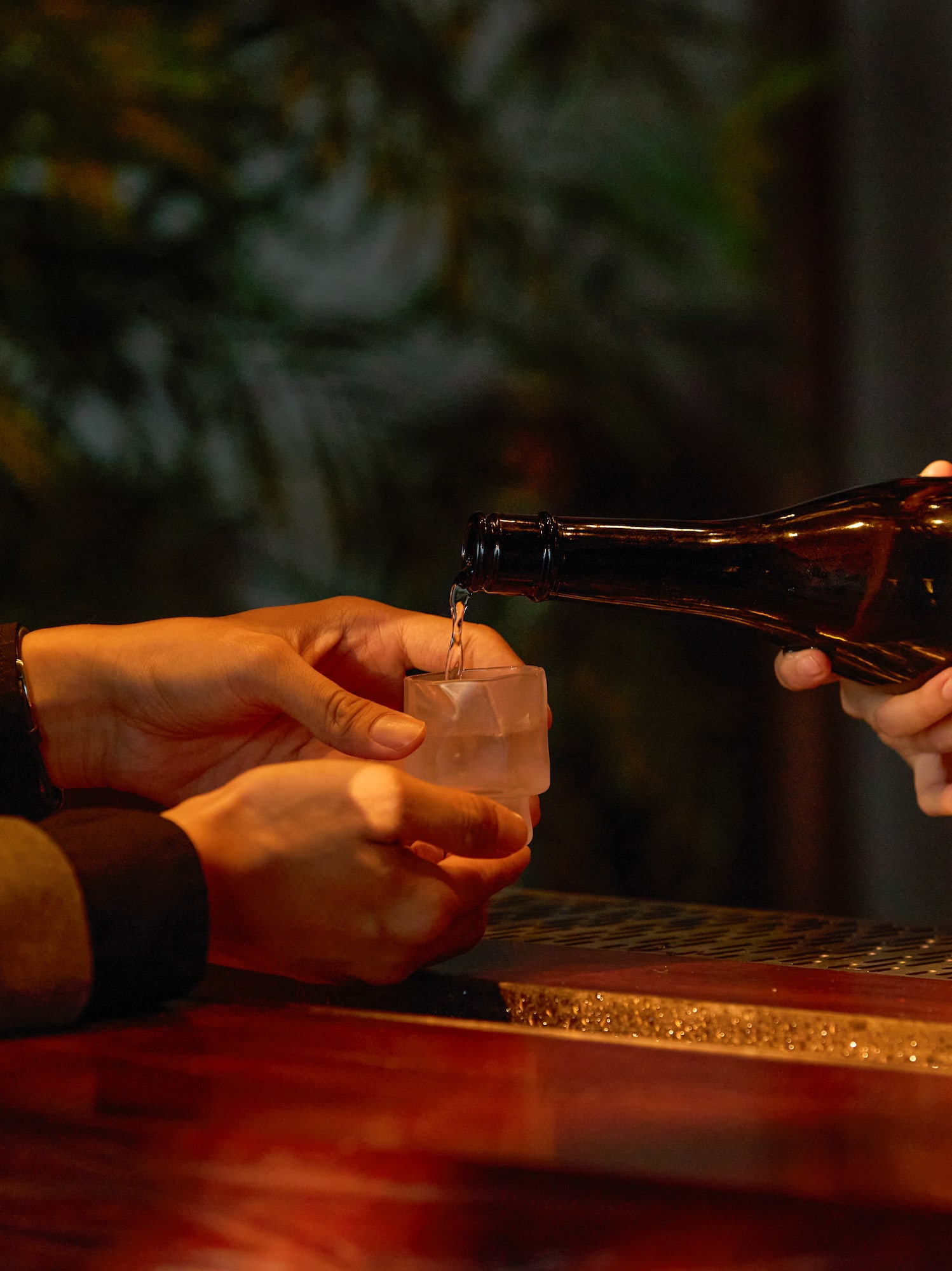 Hands pouring Dassai 23 sake from a bottle into a small glass on a bar counter.