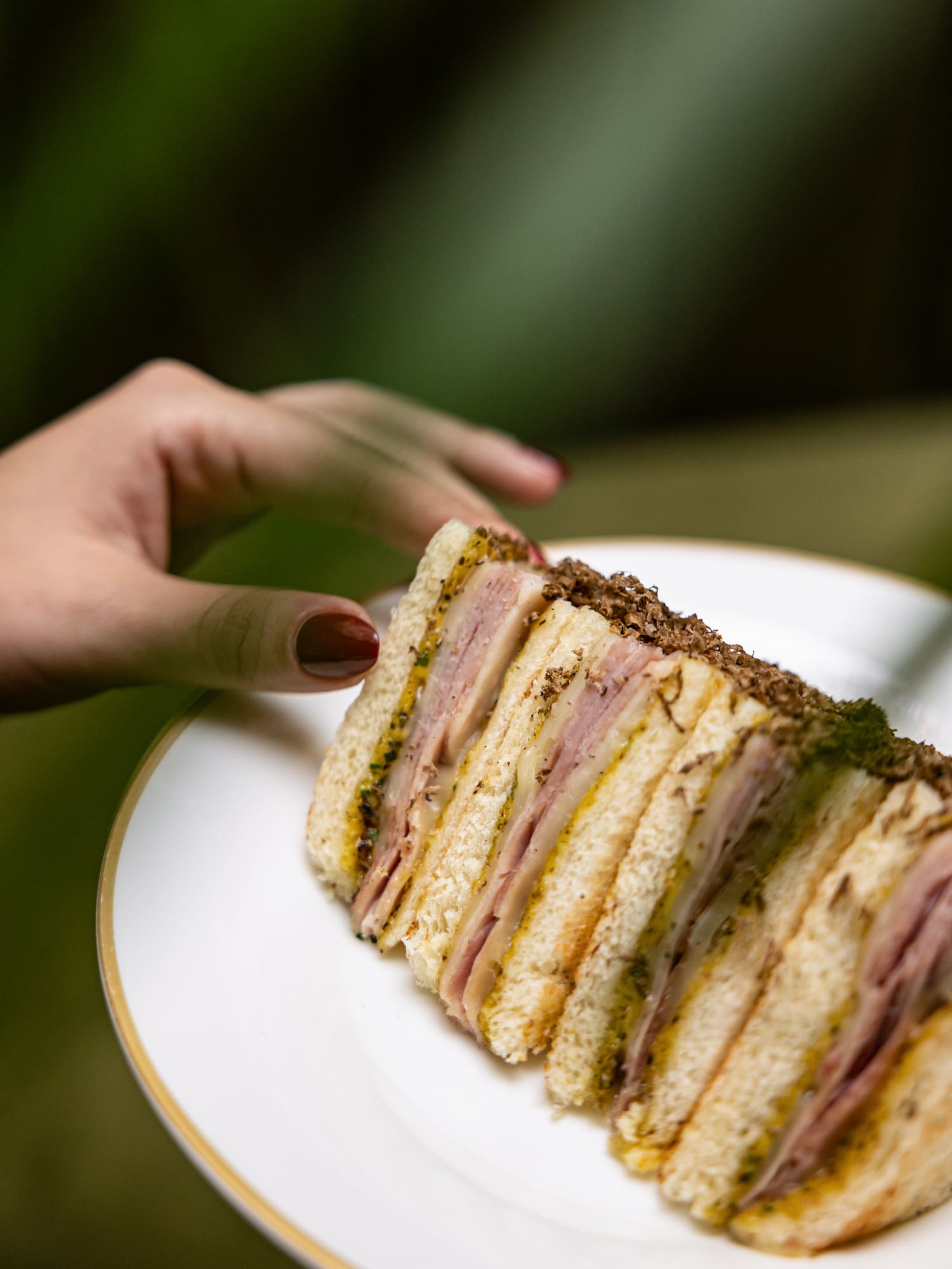 a hand reaching for a sandwich