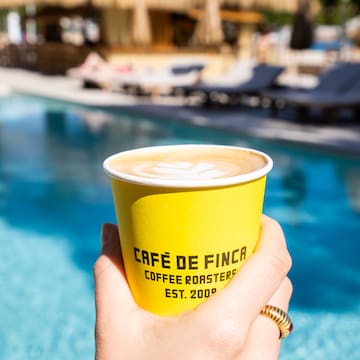 a hand holding a cup of coffee by a pool