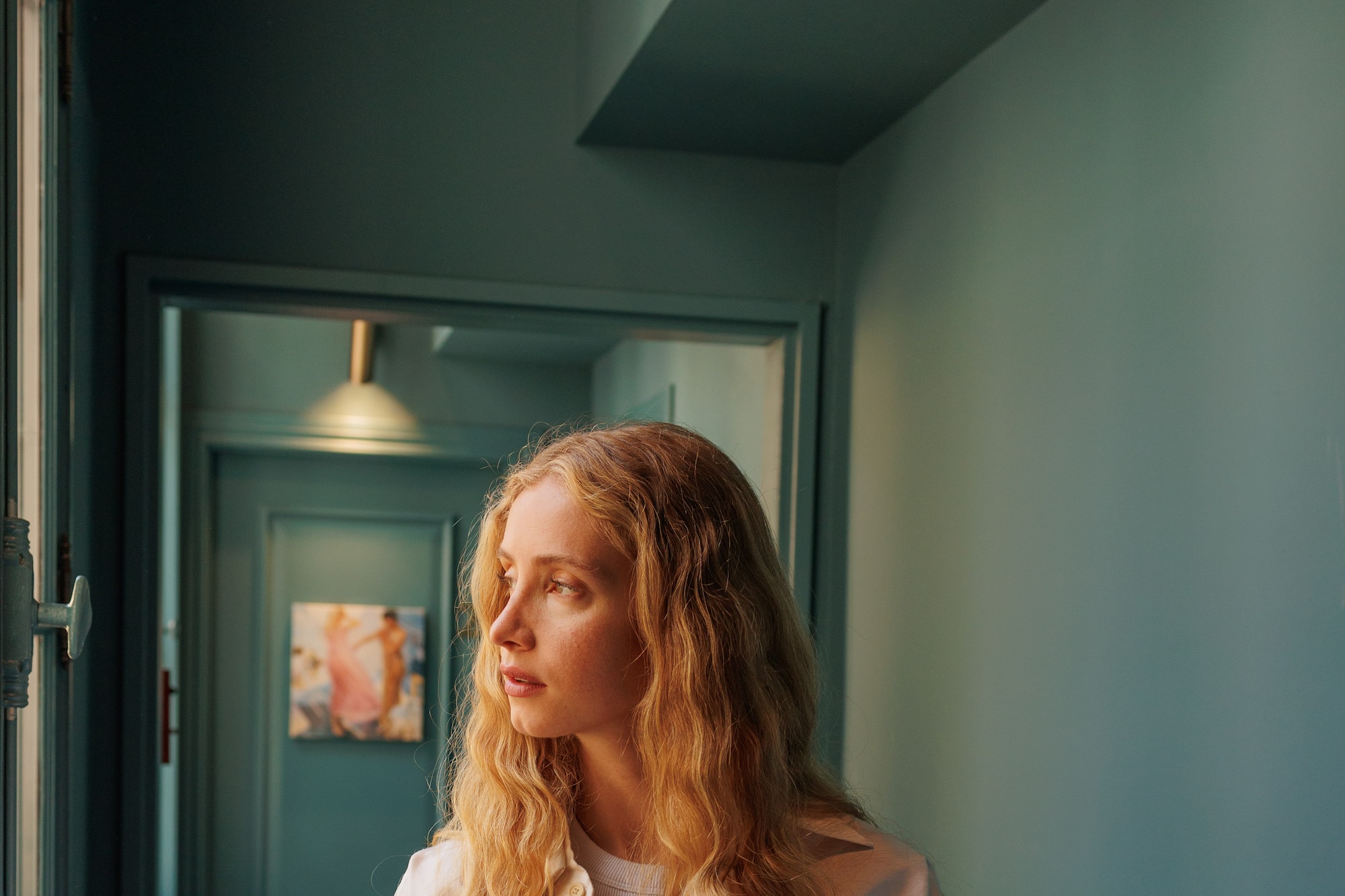 a woman in a white shirt