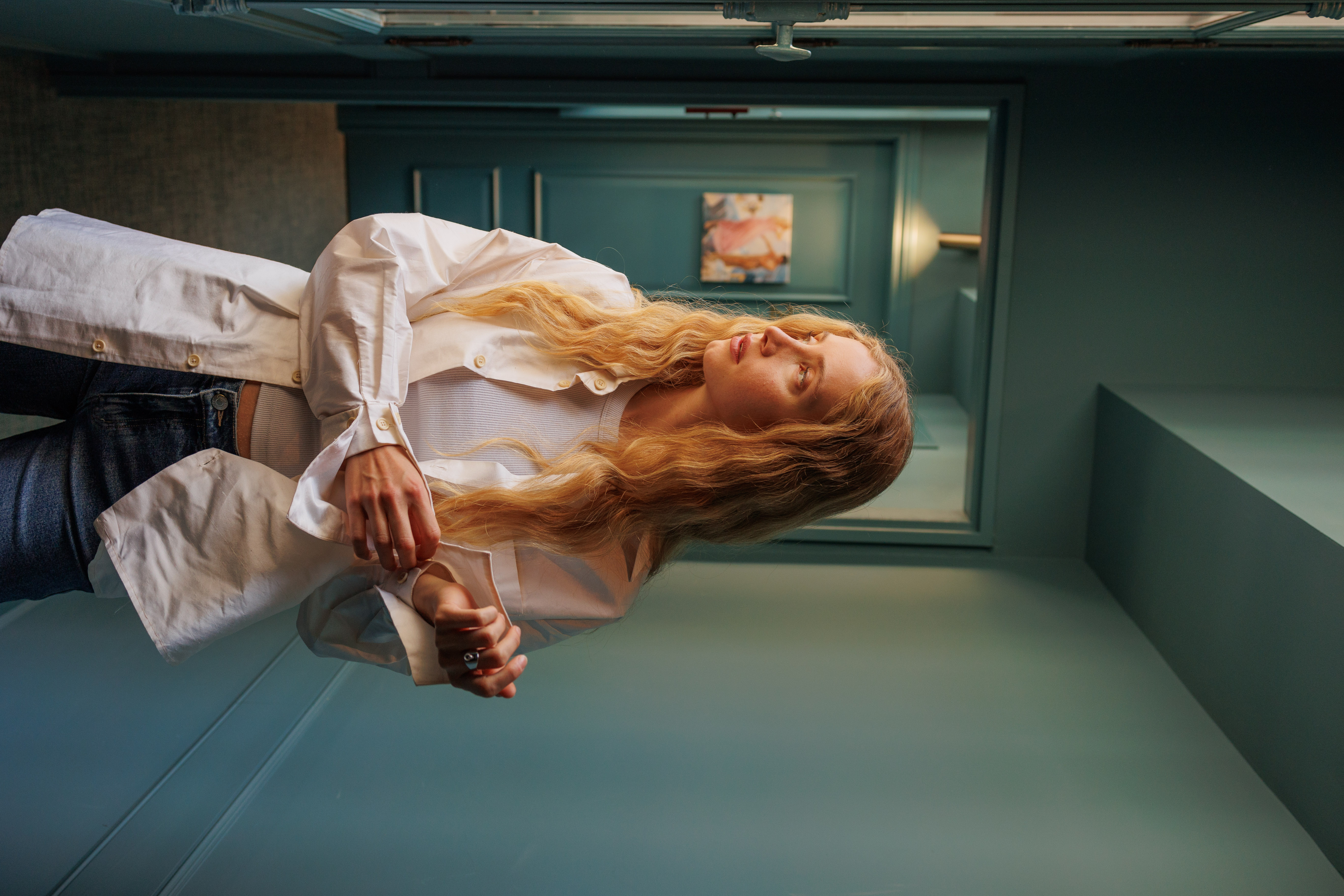 a woman in a white shirt