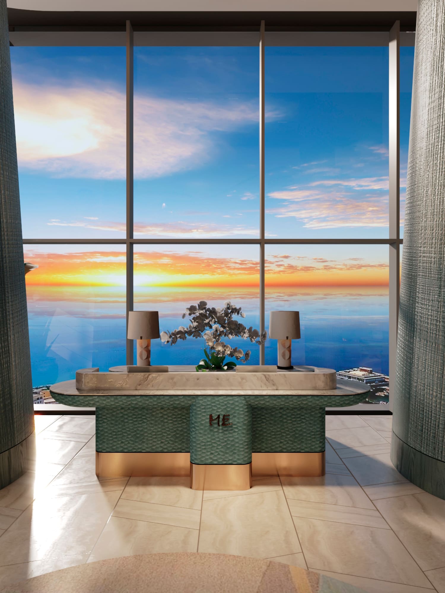 a large window with a view of the ocean and a blue sky