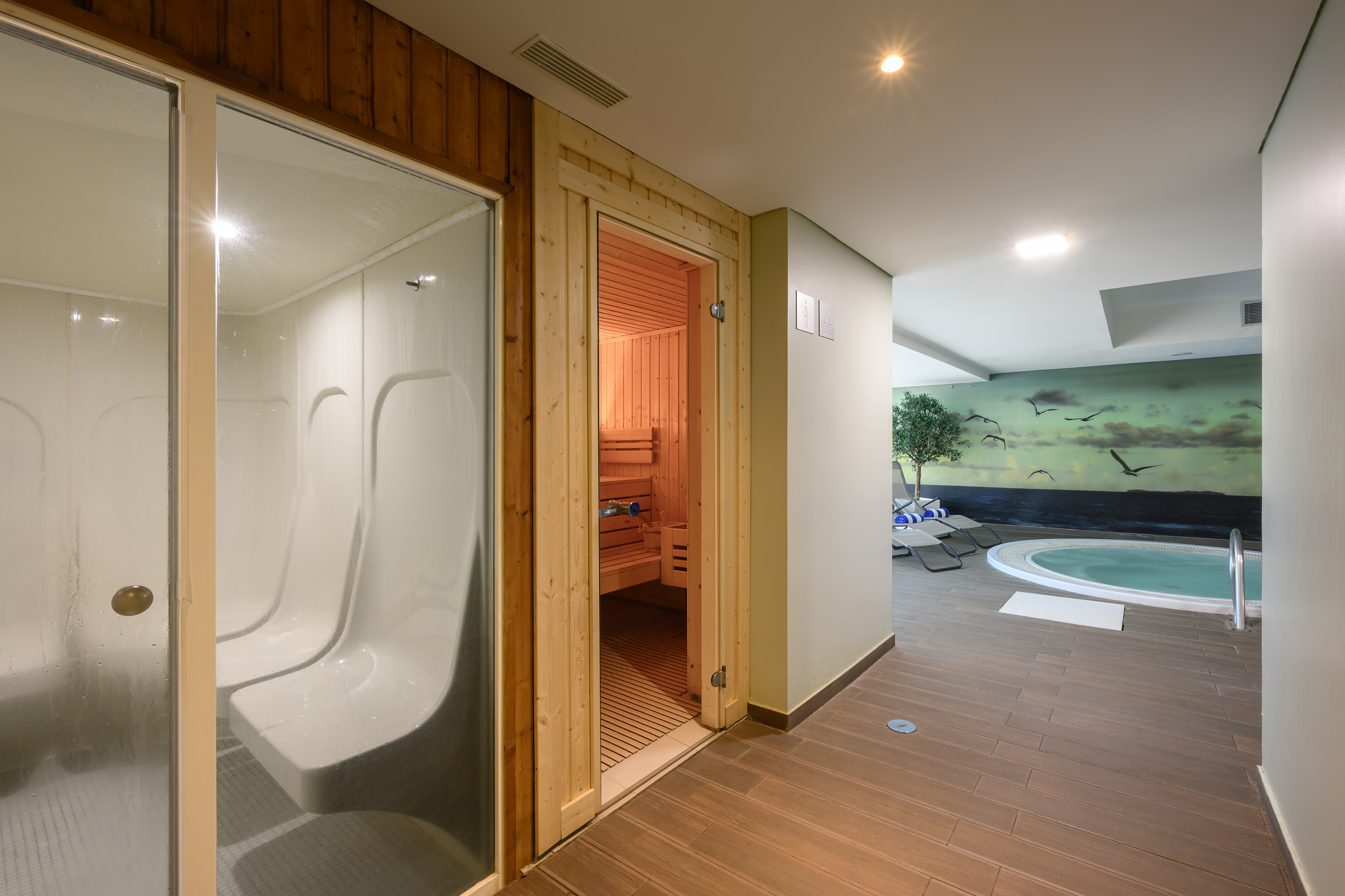 a room with a sauna and a pool