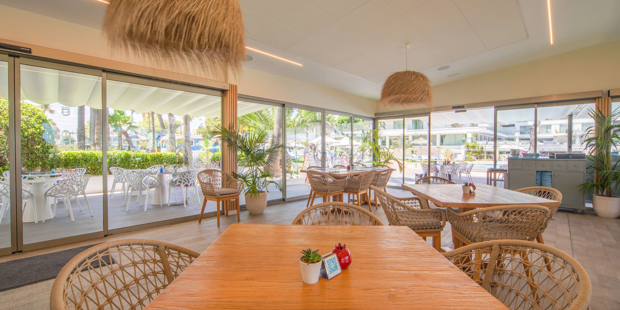 a table and chairs in a restaurant