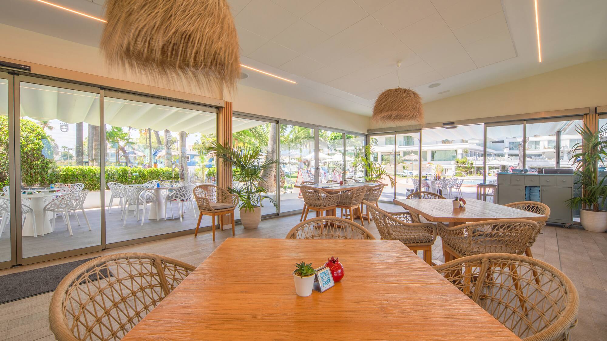 a table and chairs in a restaurant