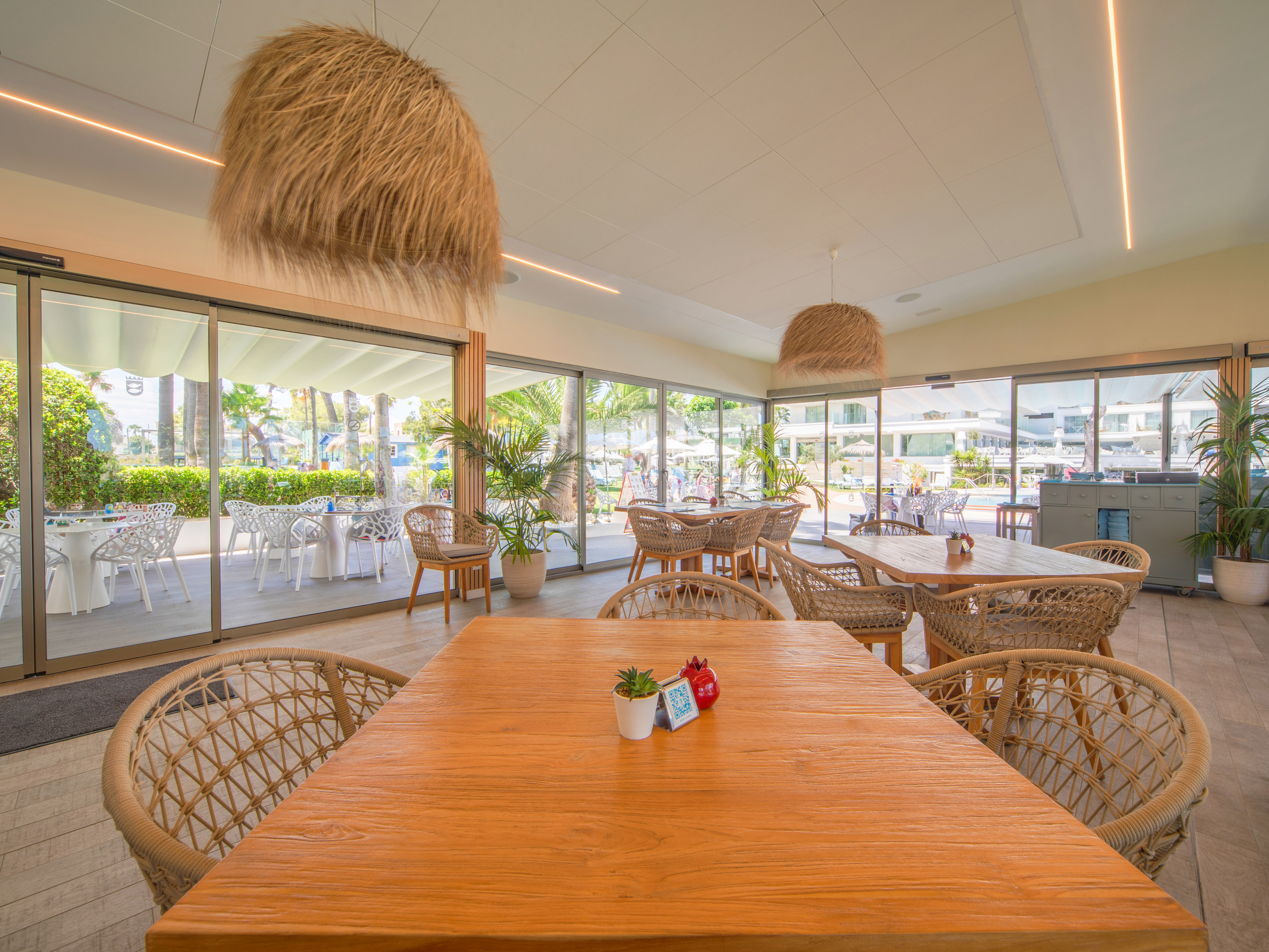 a table and chairs in a restaurant
