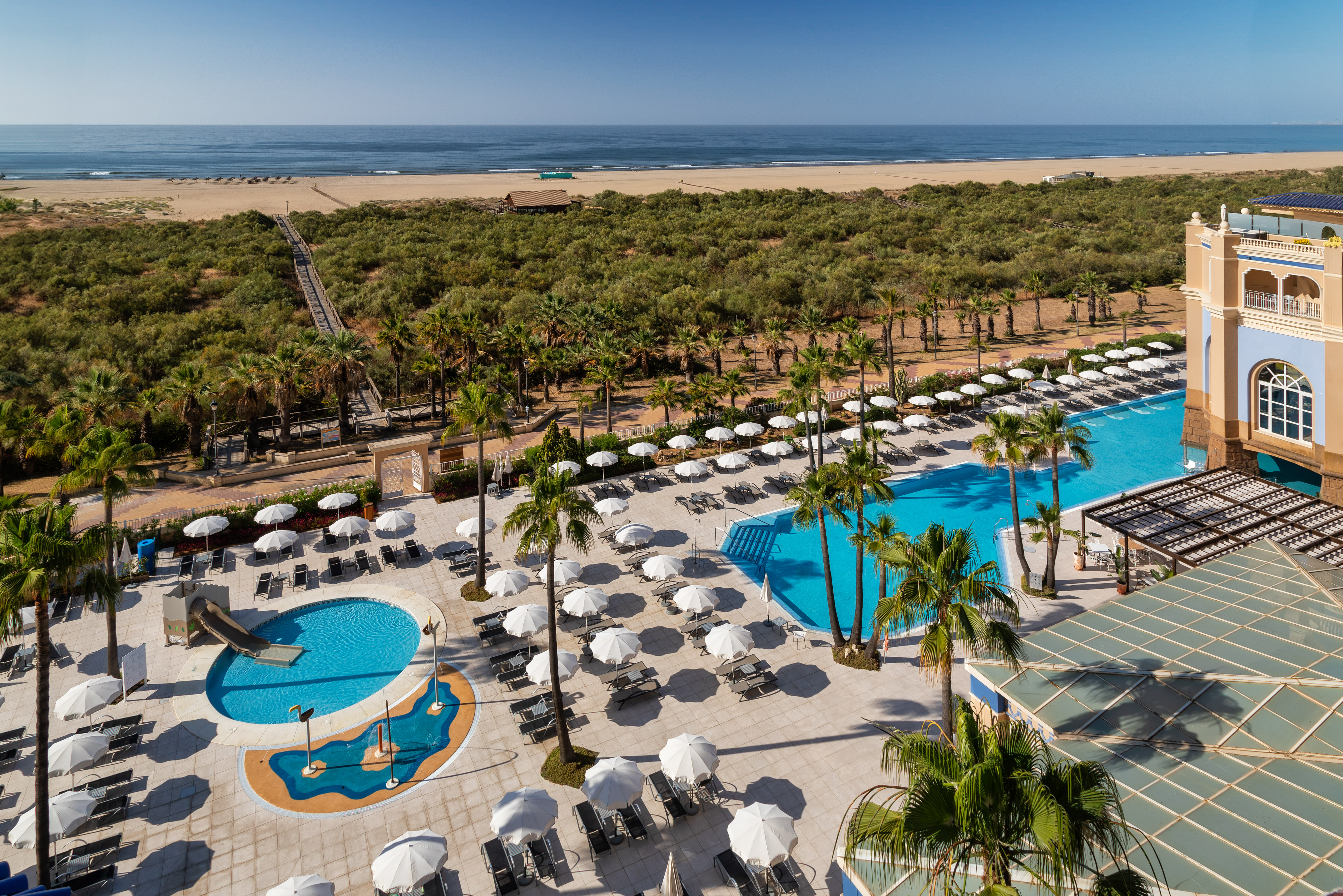 Aerial view of beach resort with pools, palm trees, ocean, and sandy shore.
