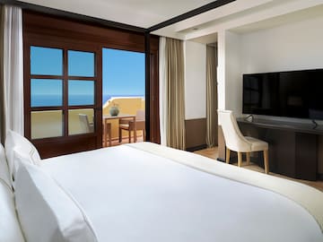 a room with a bed and a television