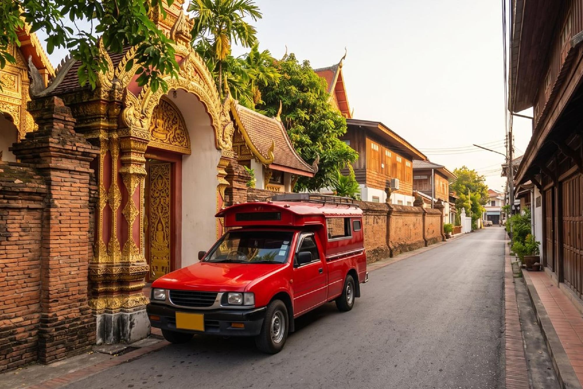 Thai red songthaew parked by a golden temple entrance on a historic street.