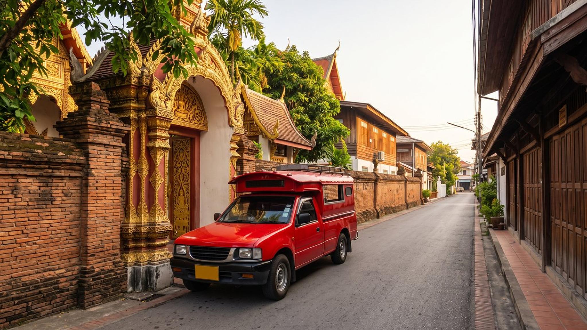 Thai red songthaew parked by a golden temple entrance on a historic street.