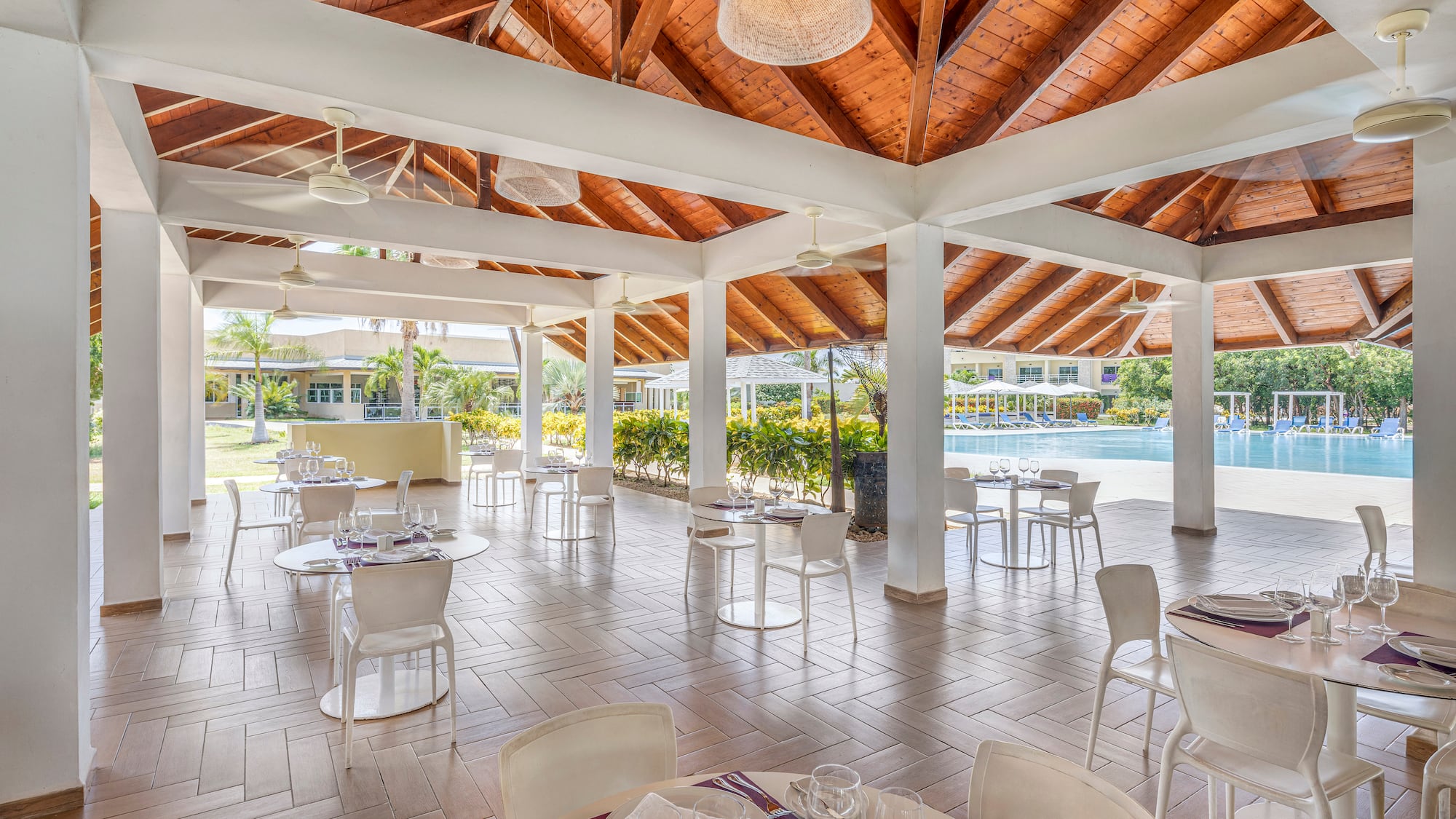 a room with tables and chairs