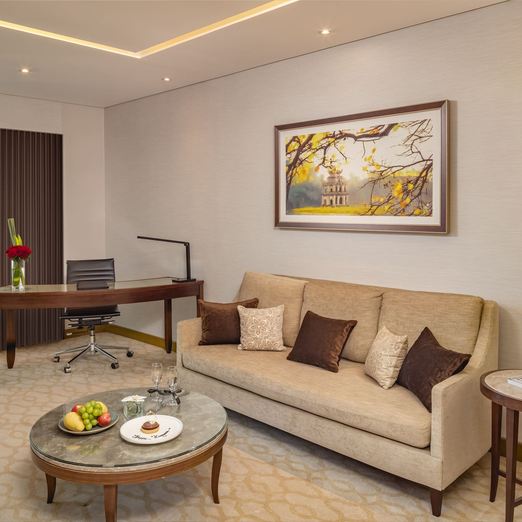 a room with a couch and a table