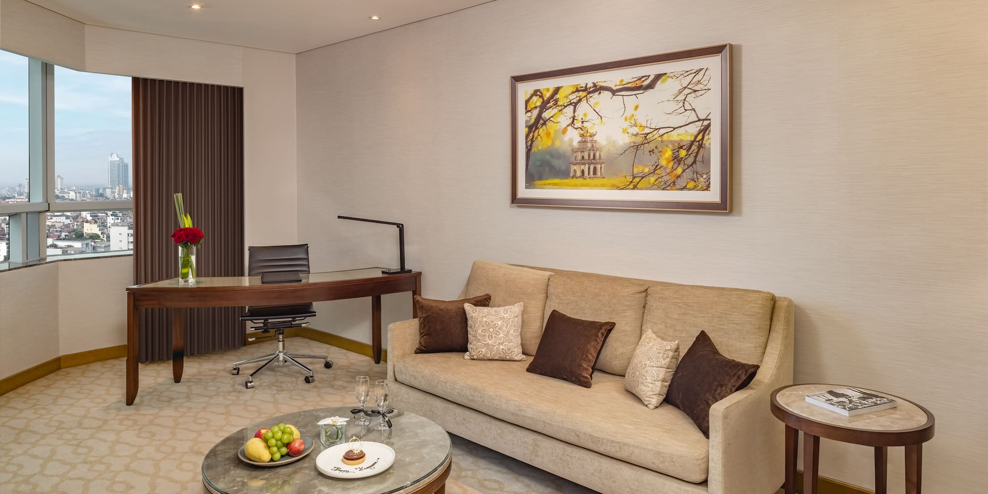 a room with a couch and a table