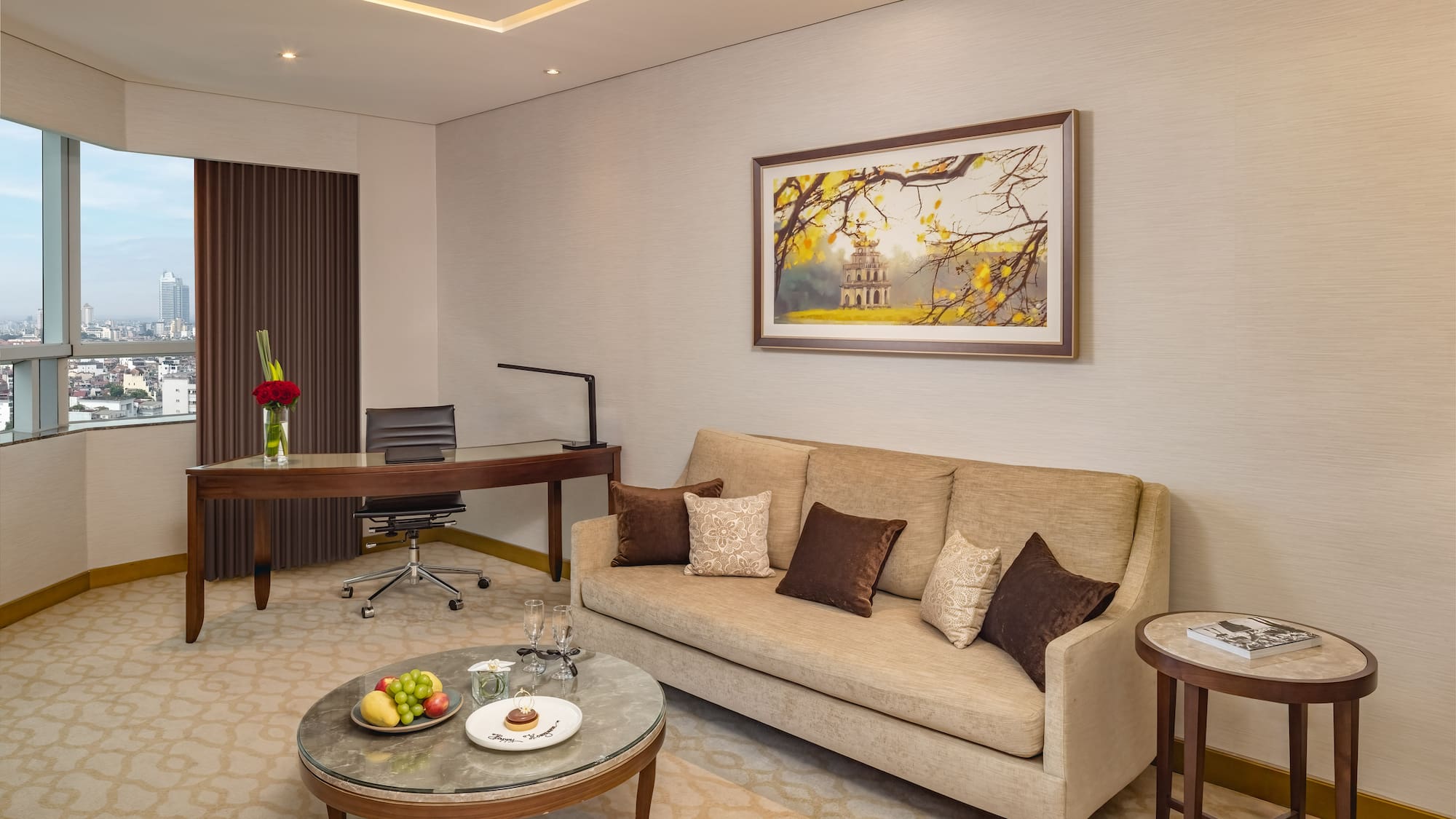 a room with a couch and a table