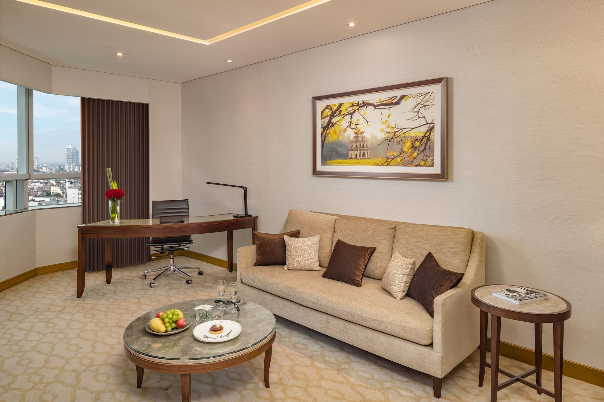 a room with a couch and a table