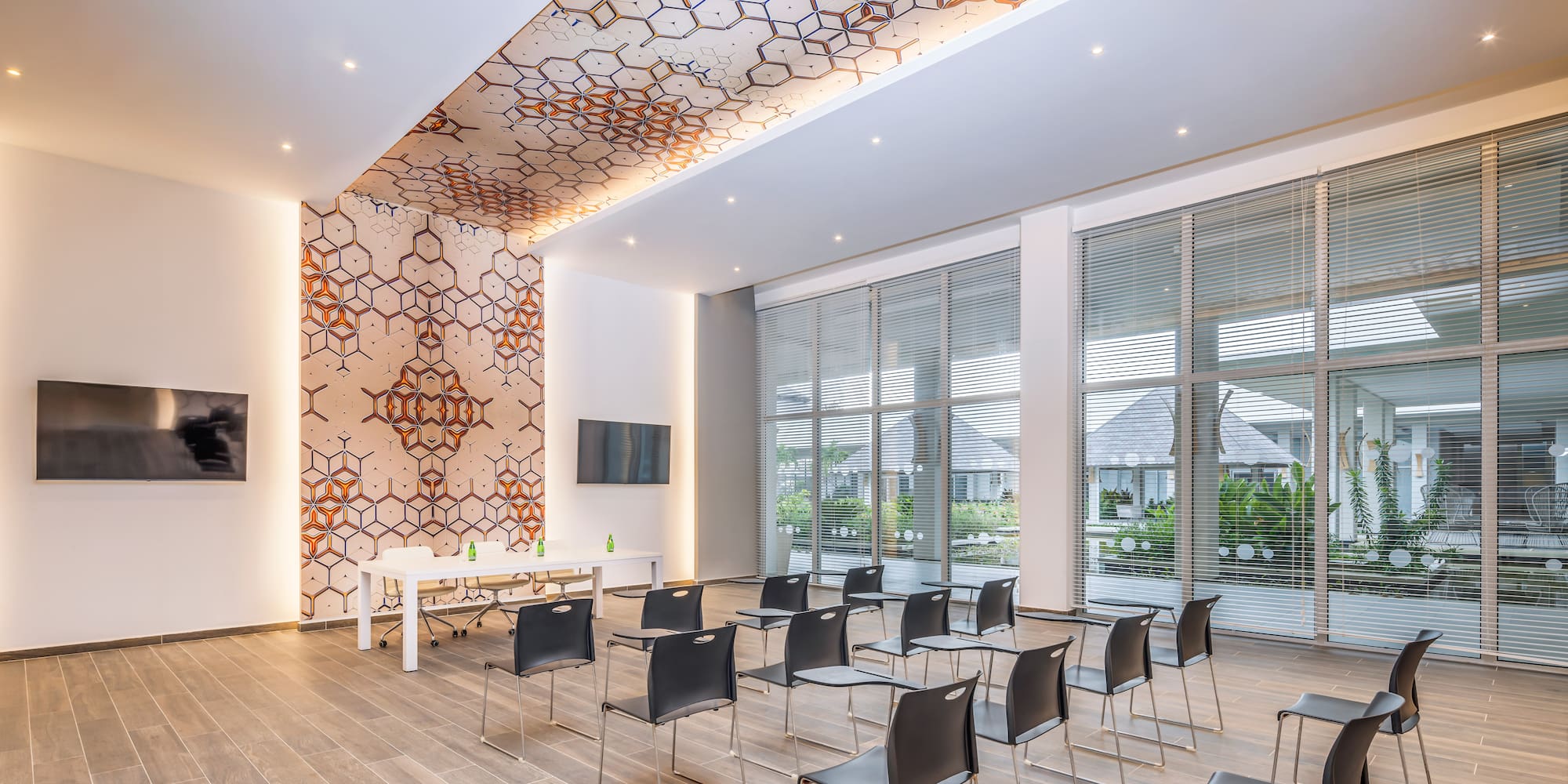 a room with chairs and a table