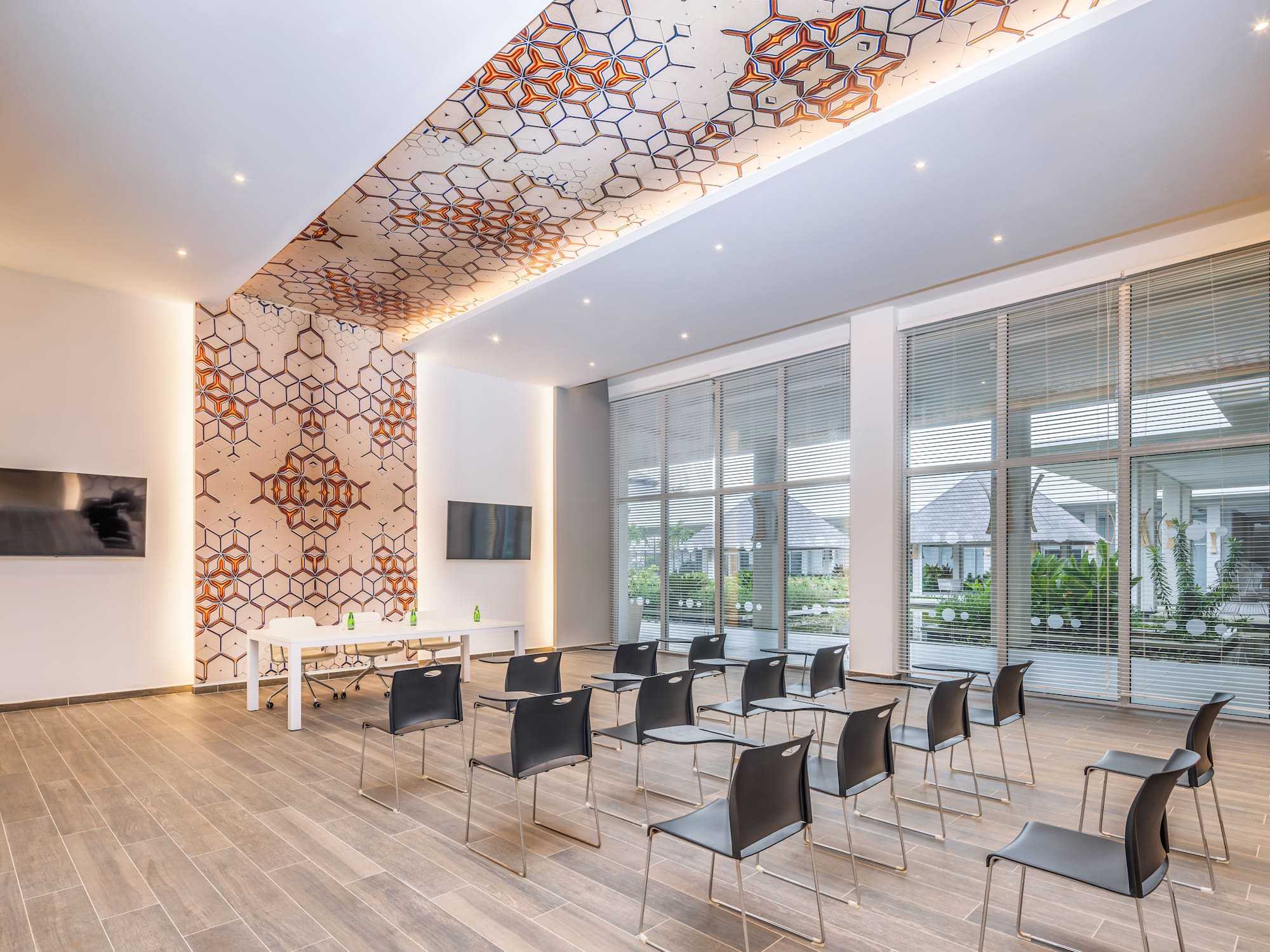 a room with chairs and a table