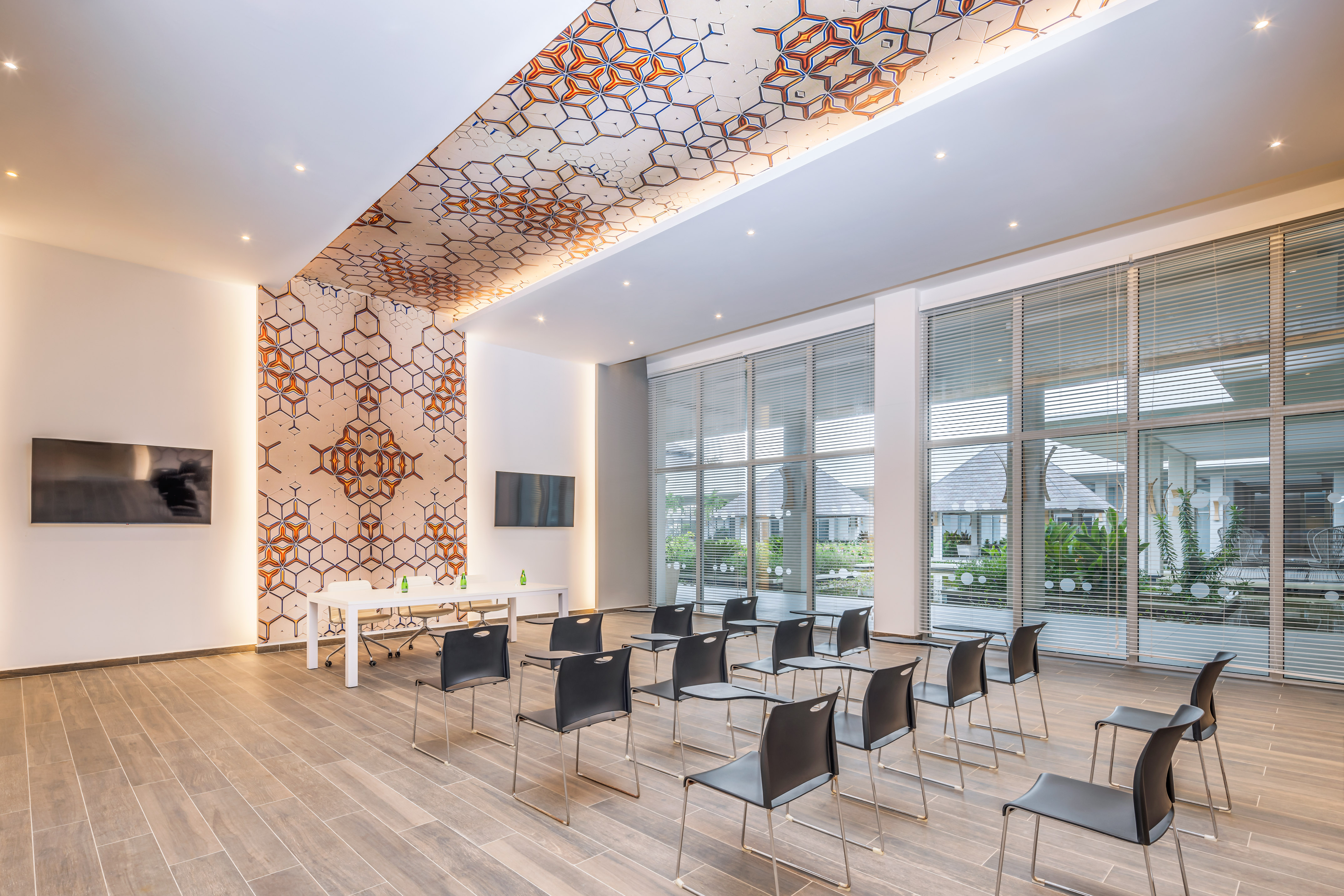 a room with chairs and a table